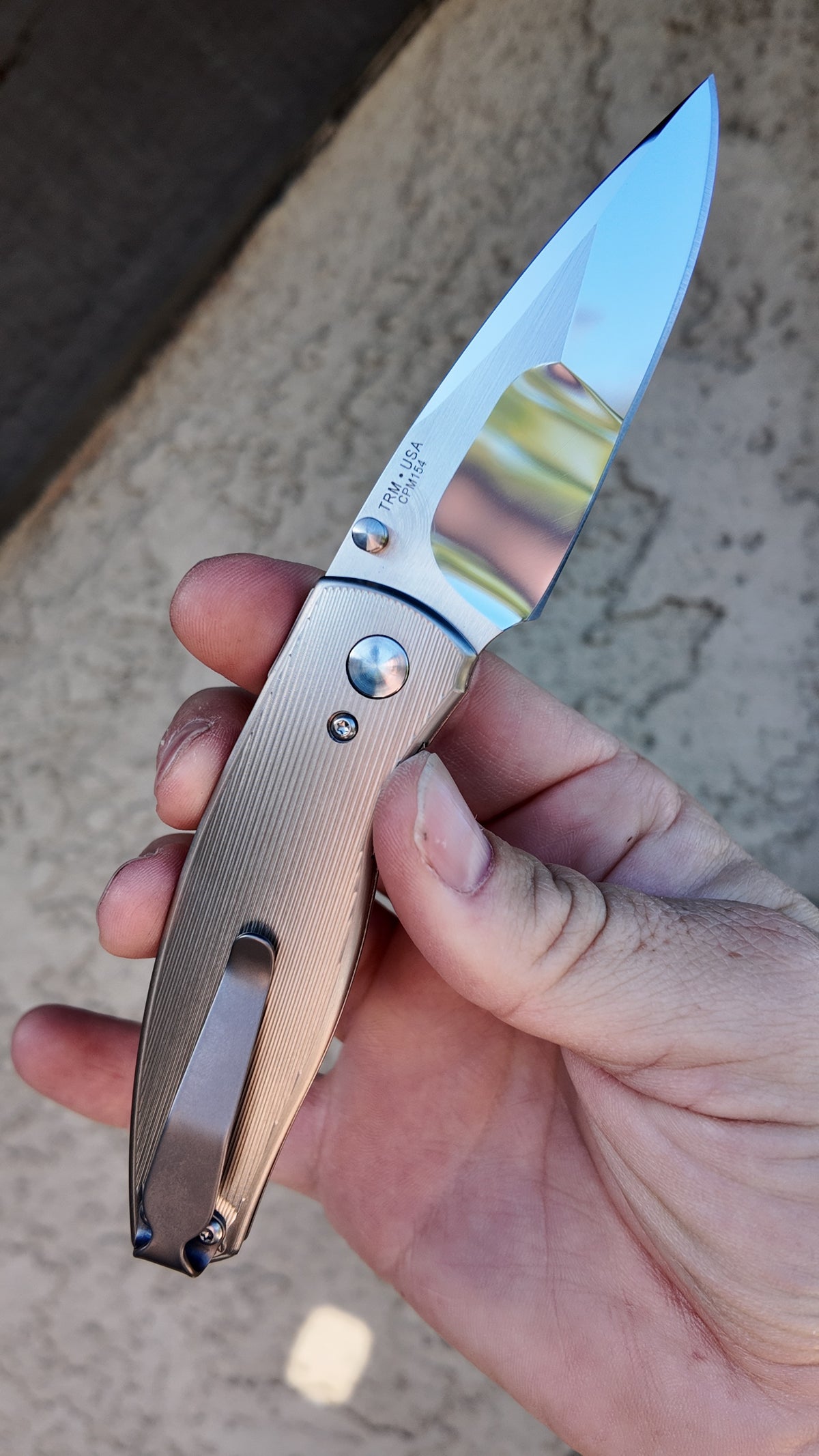 TRM Neutron 2 Mike Irie Custom Compound Mirror Grind CPM 154 – Lizard Skin or Pinstripe Titanium Scales
