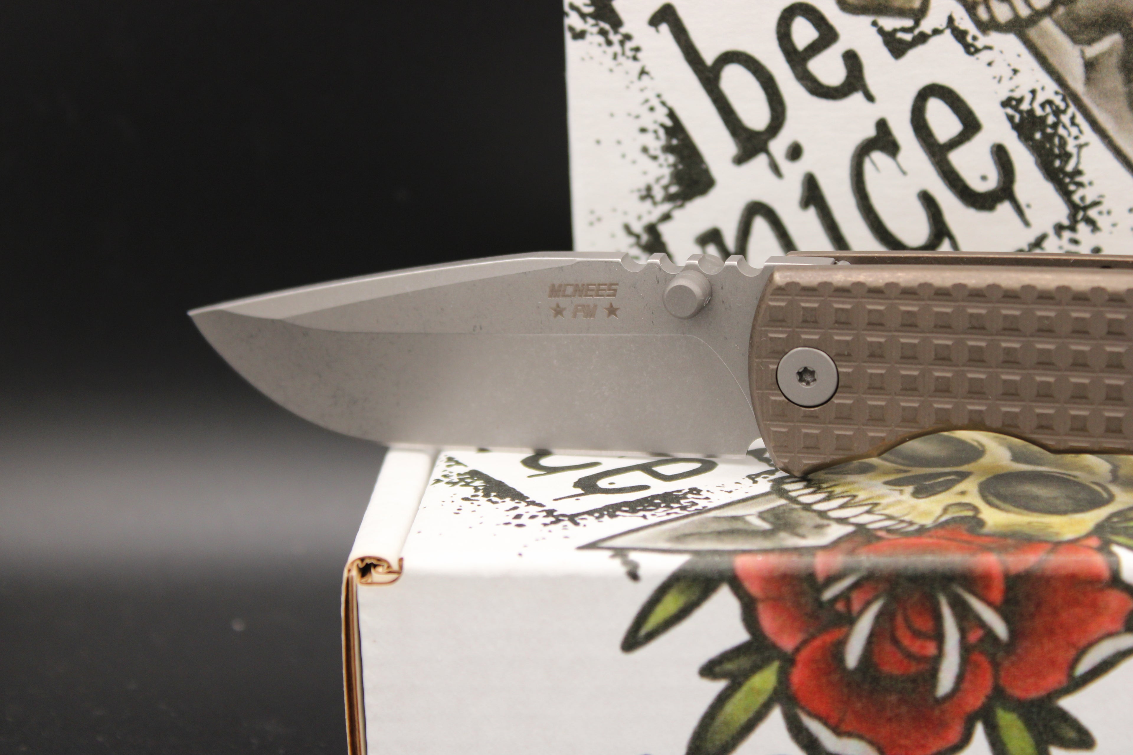 McNees Knives PM Mac 2 3" Hollow ground Atomic Magnacut Blade Frag Pattern
