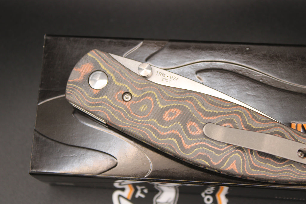 Three Rivers Manufacturing Atom Mokume Carbon Fiber Scales 20CV Steel Flat Ground Blade with Liner Lock