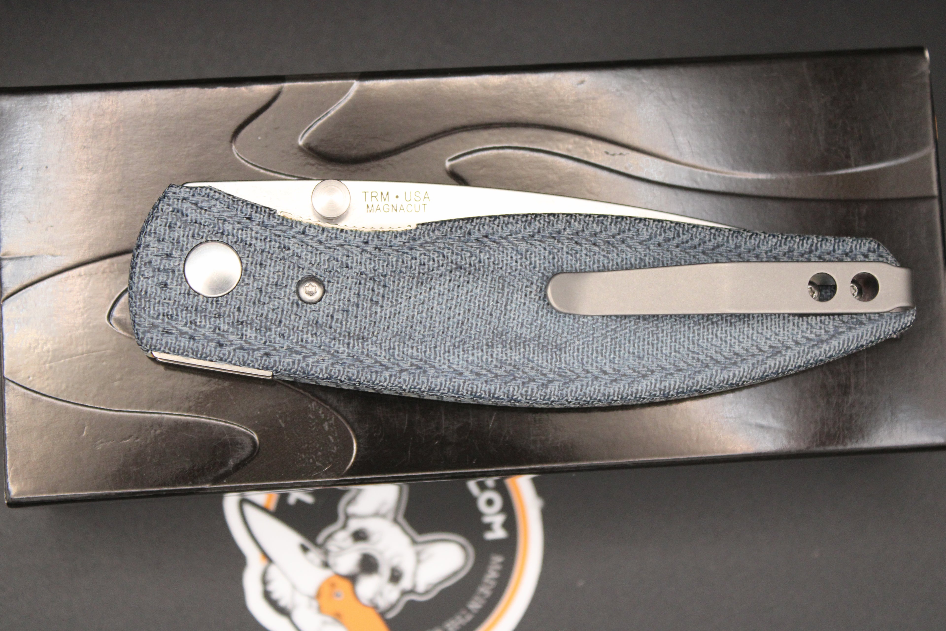 Three Rivers Manufacturing Atom Blue Denim Micarta Scales Magnacut Steel Flat Ground Blade with Liner Lock