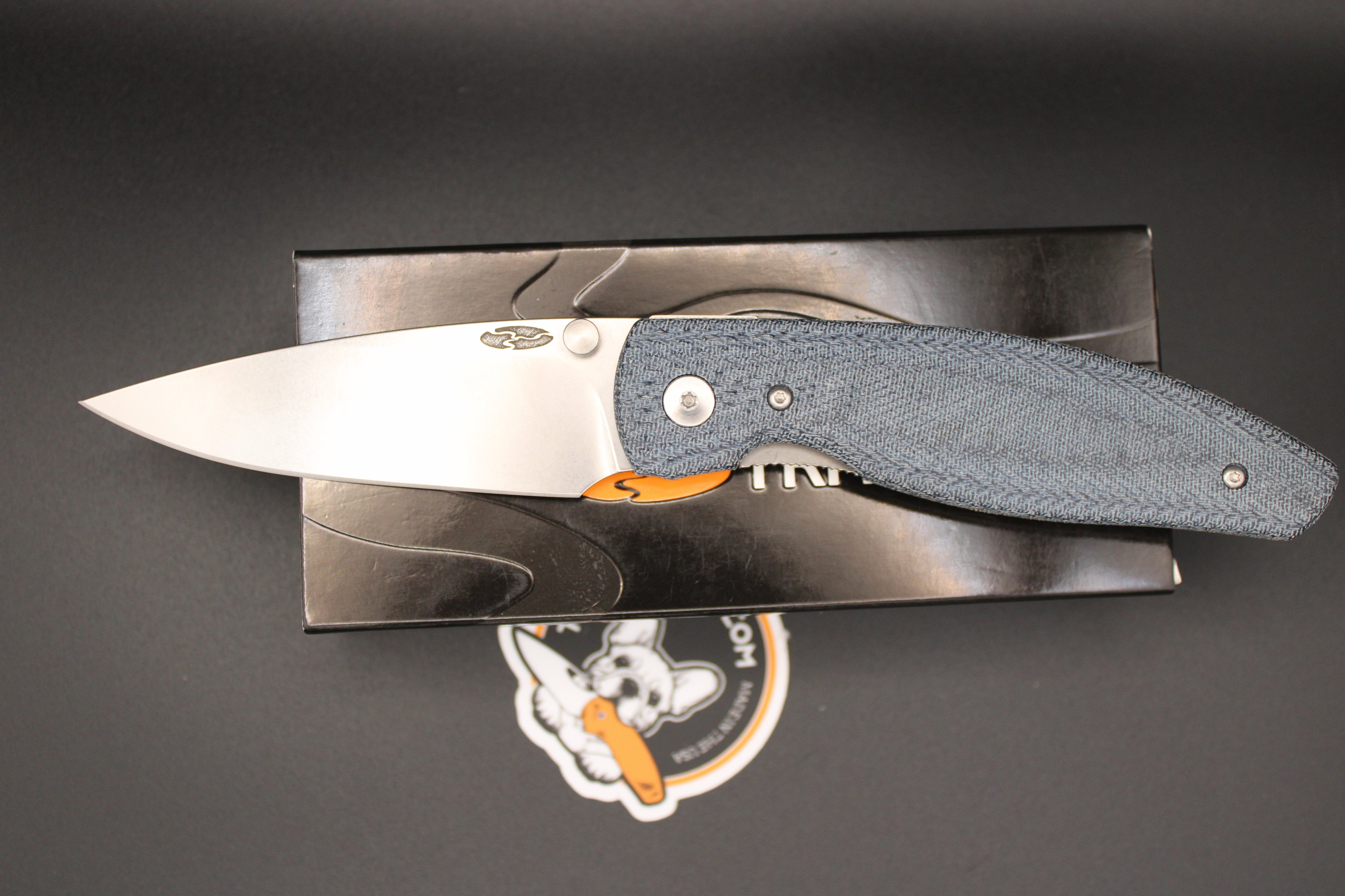 Three Rivers Manufacturing Atom Blue Denim Micarta Scales Magnacut Steel Flat Ground Blade with Liner Lock