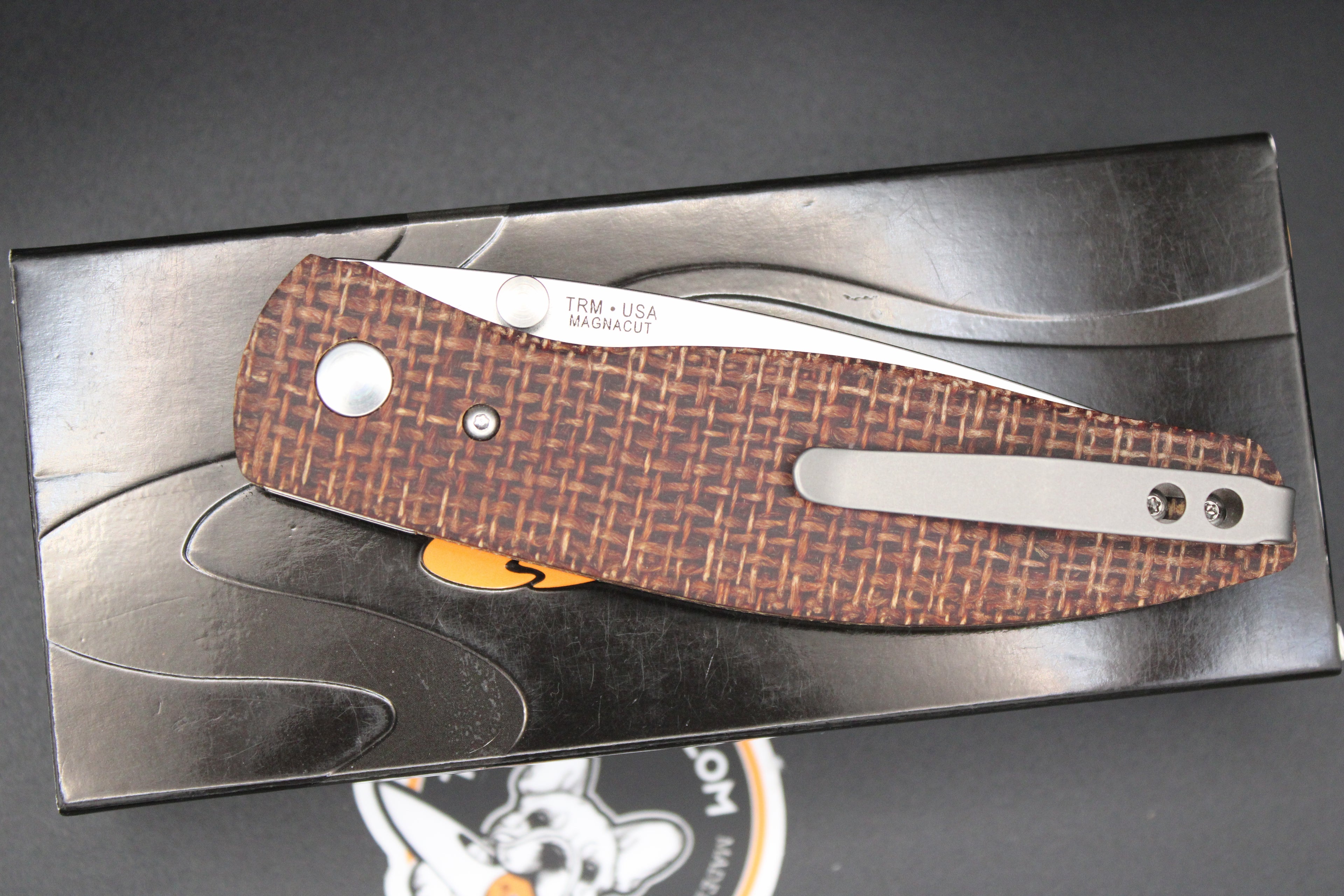 Three Rivers Manufacturing Atom Burlap Micarta Scales Magnacut Steel Flat Ground Blade with Liner Lock