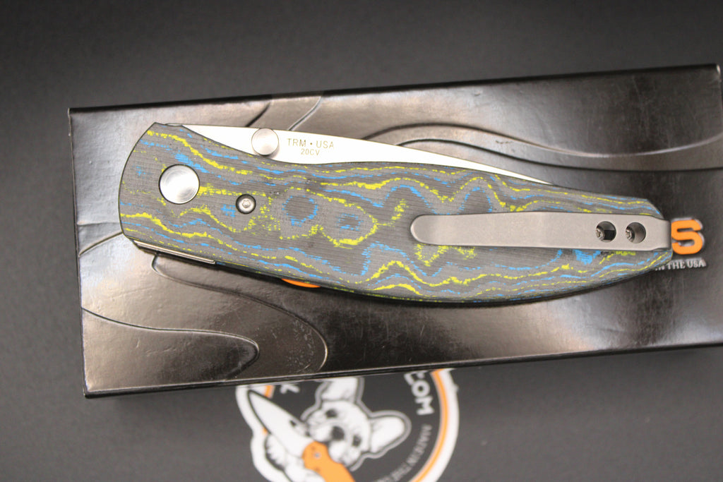 Three Rivers Manufacturing Atom Bolt Camo Carbon Fiber Scales 20CV Steel Flat Ground Blade with Liner Lock