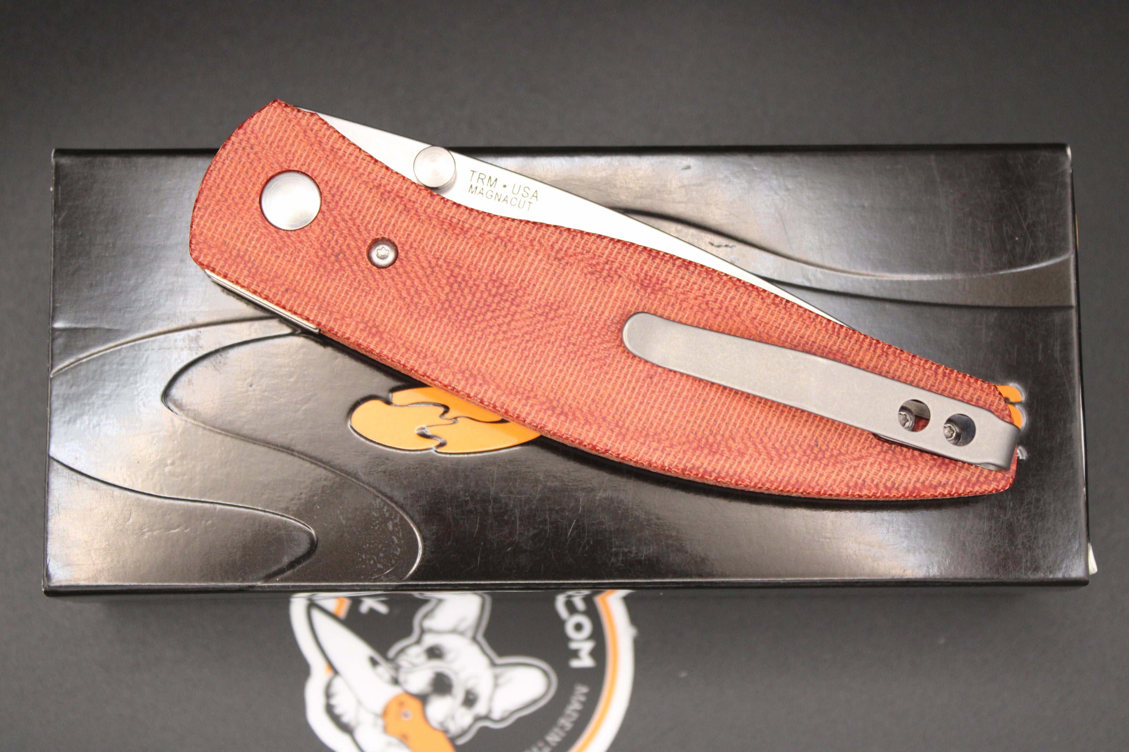 Three Rivers Manufacturing Atom Autumn Orange Micarta Scales Magnacut Steel Flat Ground Blade with Liner Lock