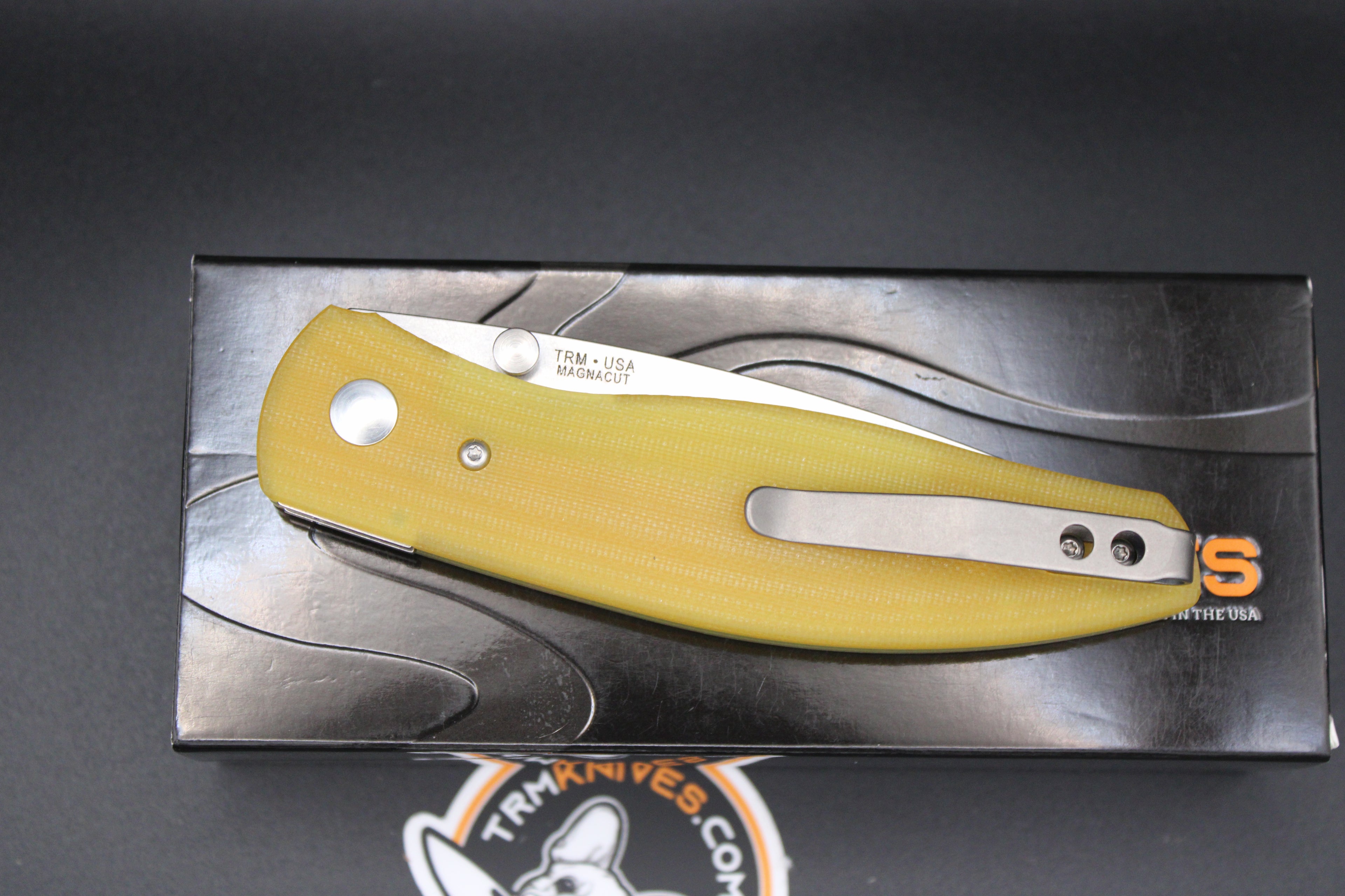Three Rivers Manufacturing Atom Amber Ale G10 Scales Magnacut Steel Flat Ground Blade with Liner Lock