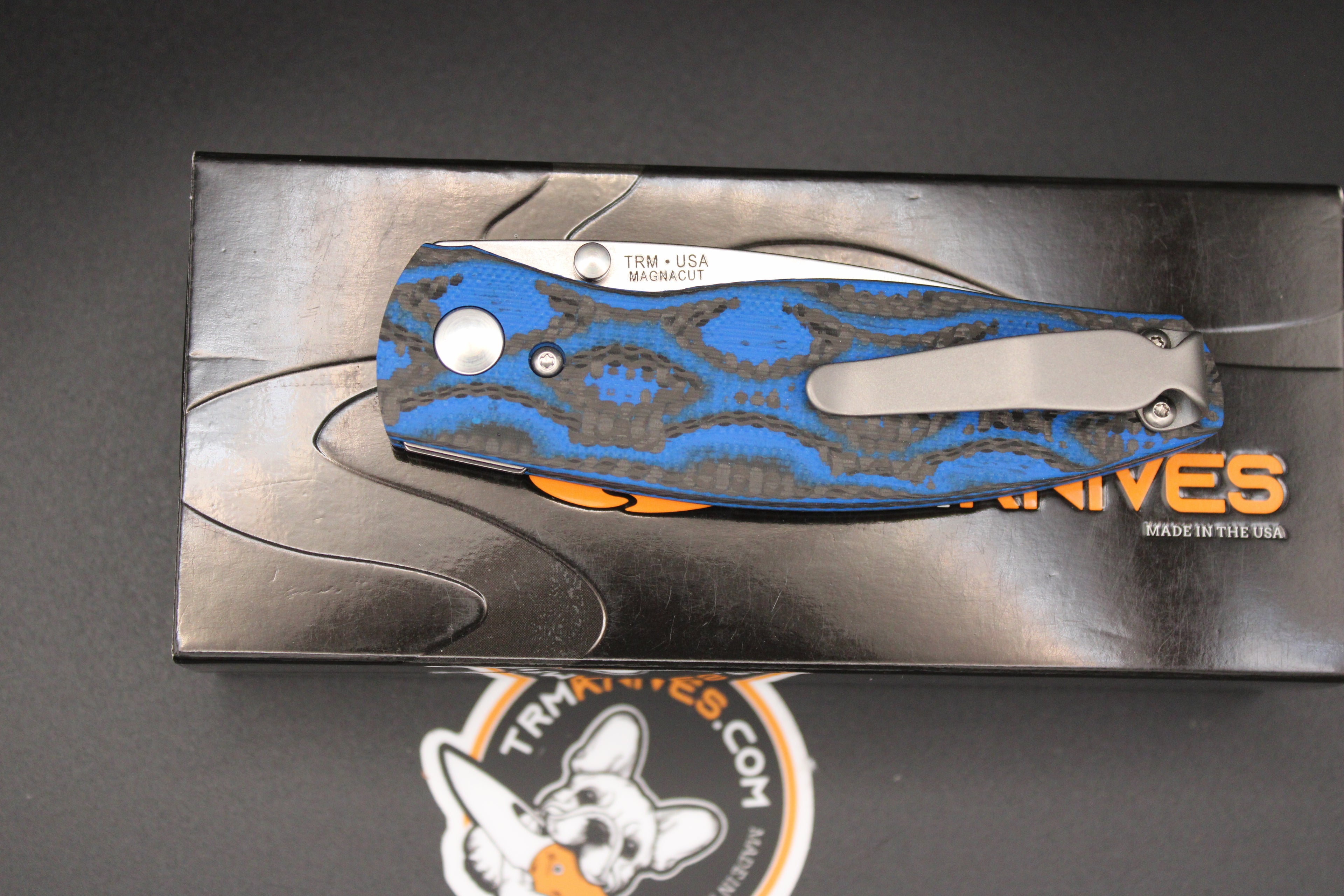 TRM-Three Rivers Manufacturing Neutron 2 Blue Serpent G10 and Carbon Fiber Contoured Scales Liner Lock Magnacut Steel Blade