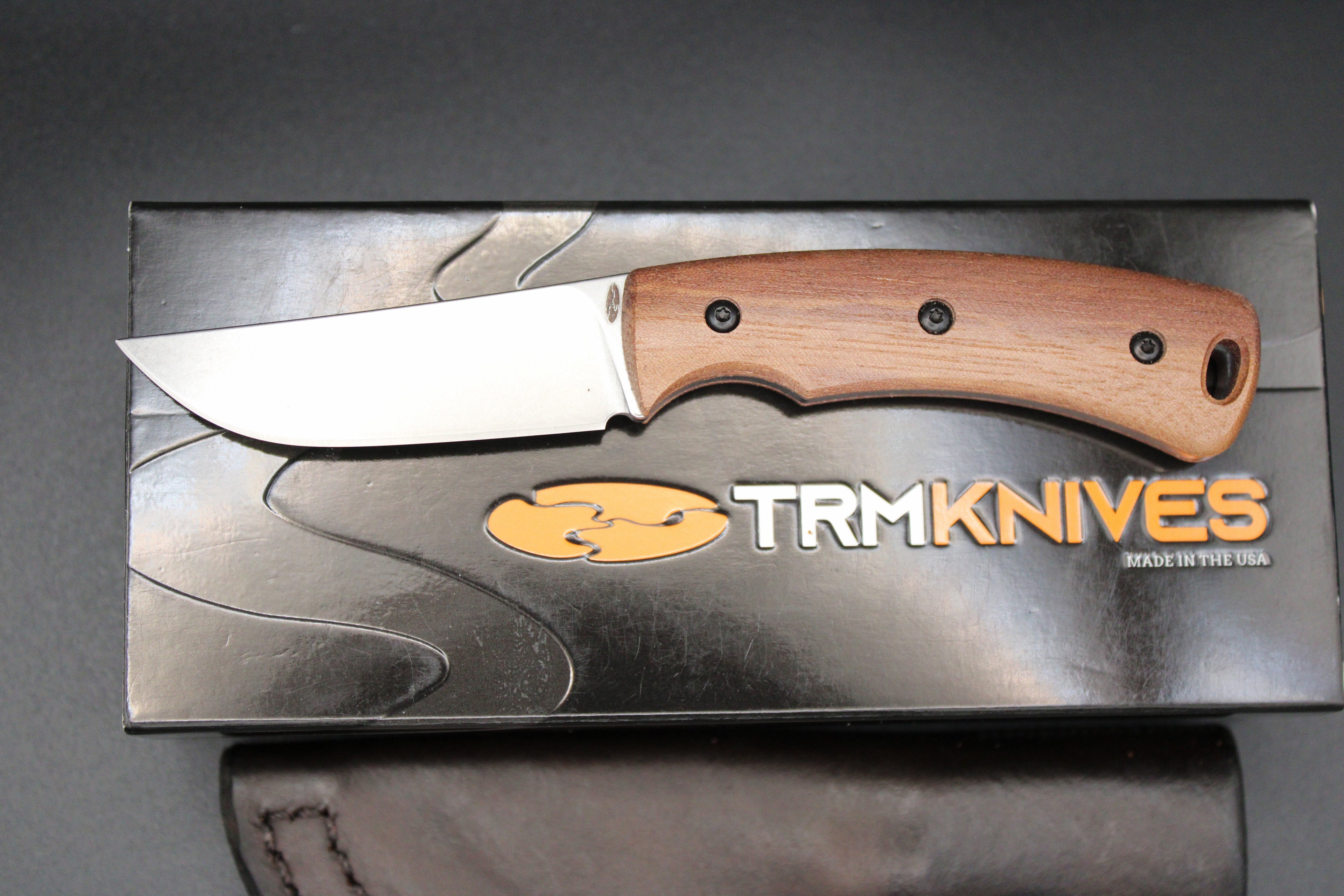 TRM-Three Rivers Manufacturing Tagalong Walnut Magnacut Steel EDC Fixed Blade Leather Sheath