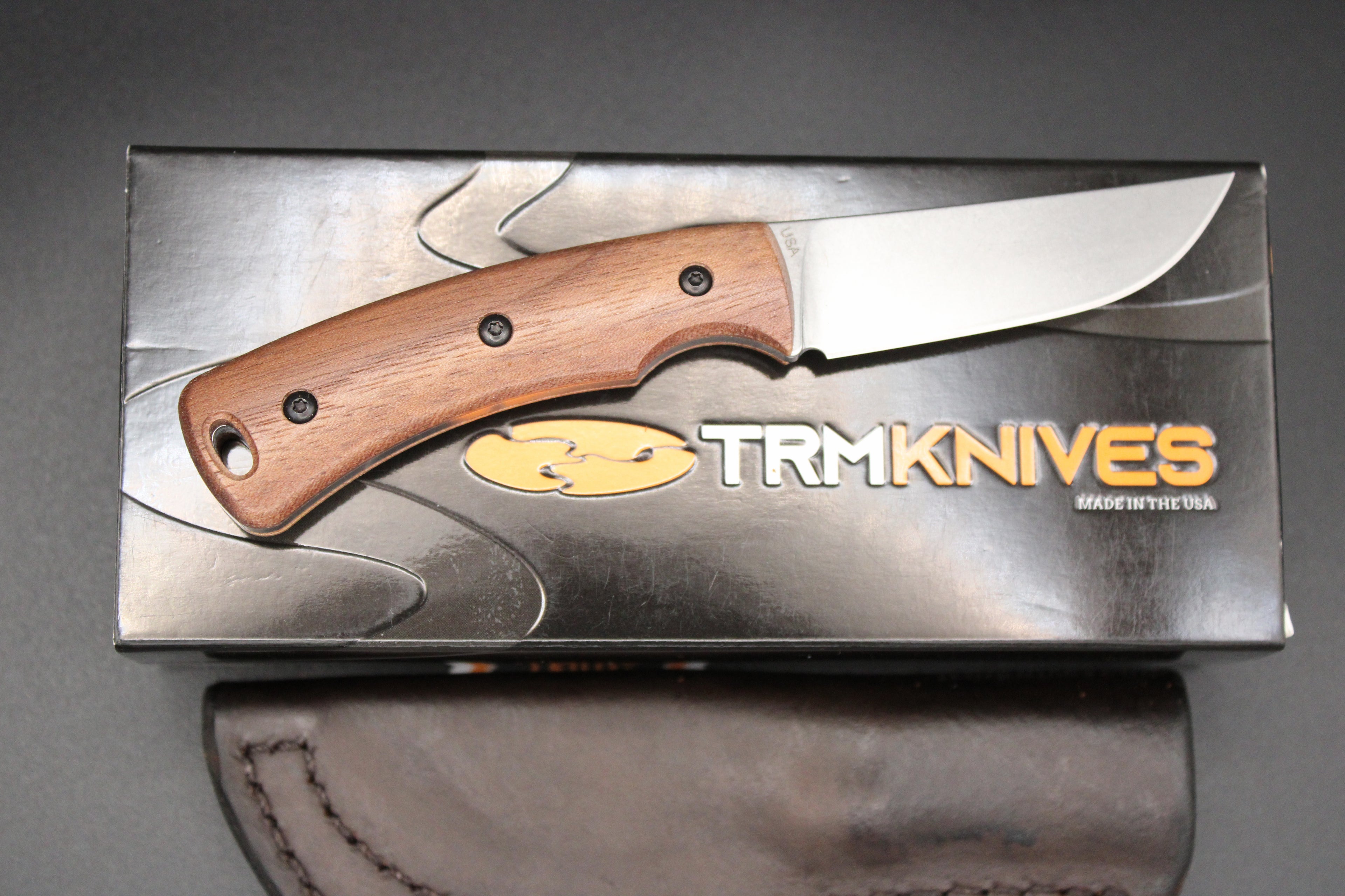 TRM-Three Rivers Manufacturing Tagalong Walnut Magnacut Steel EDC Fixed Blade Leather Sheath