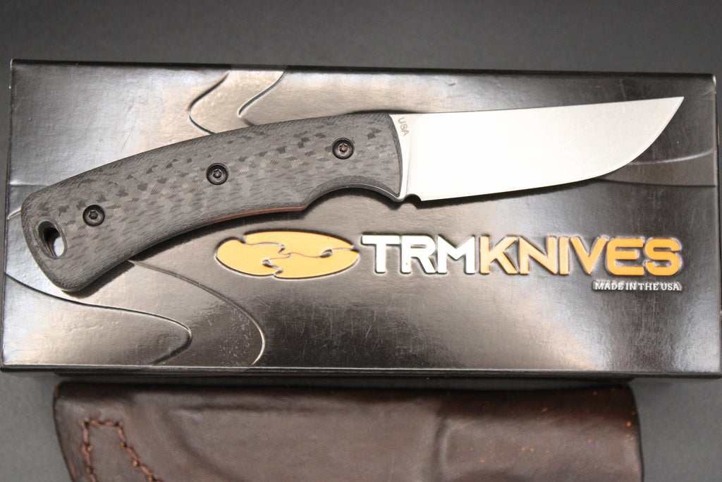 TRM-Three Rivers Manufacturing Tagalong Carbon Fiber Magnacut Steel EDC Fixed Blade Leather Sheath