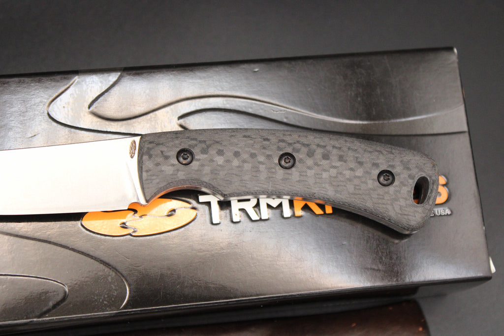 TRM-Three Rivers Manufacturing Tagalong Carbon Fiber Magnacut Steel EDC Fixed Blade Leather Sheath