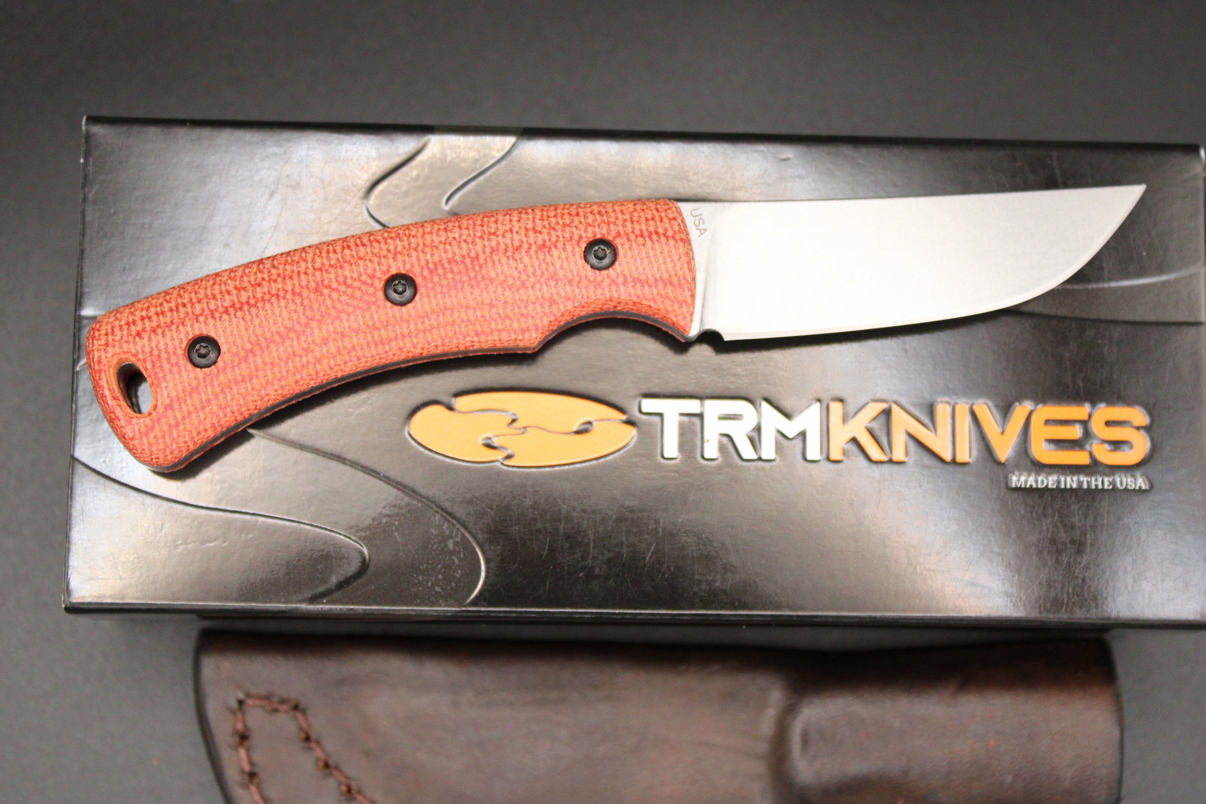TRM-Three Rivers Manufacturing Tagalong Autumn Orange Micarta Magnacut Steel EDC Fixed Blade Leather Sheath