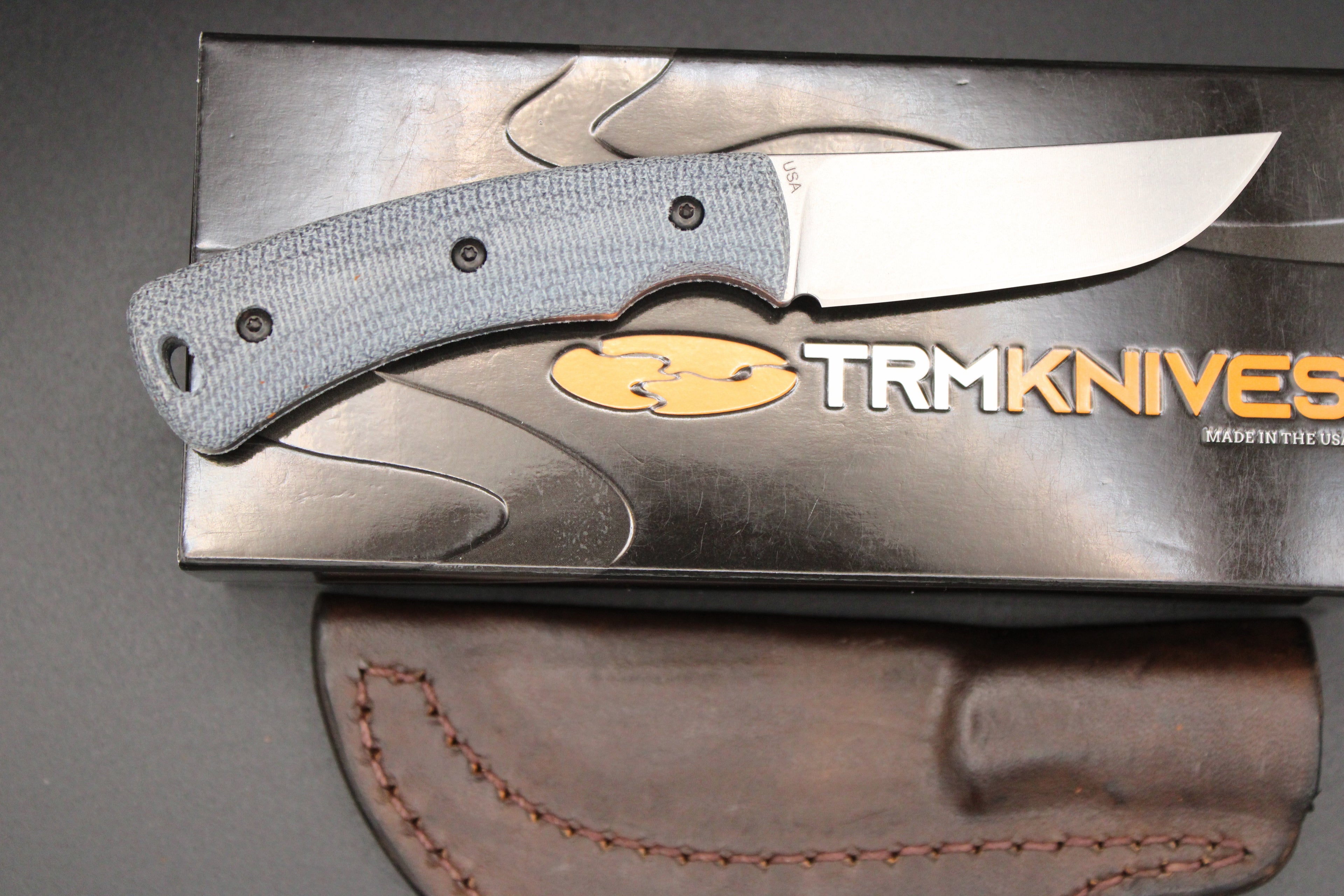 TRM-Three Rivers Manufacturing Tagalong Blue Denim Micarta Magnacut Steel EDC Fixed Blade Leather Sheath