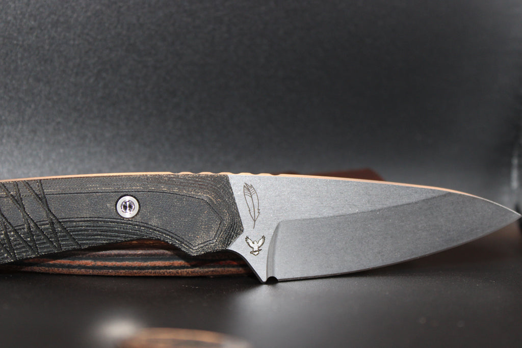 10V Lynch Northwest Sparrow Seven Fixed Blade with Heroic EDC Logo, Micarta Handle Leather Sheath