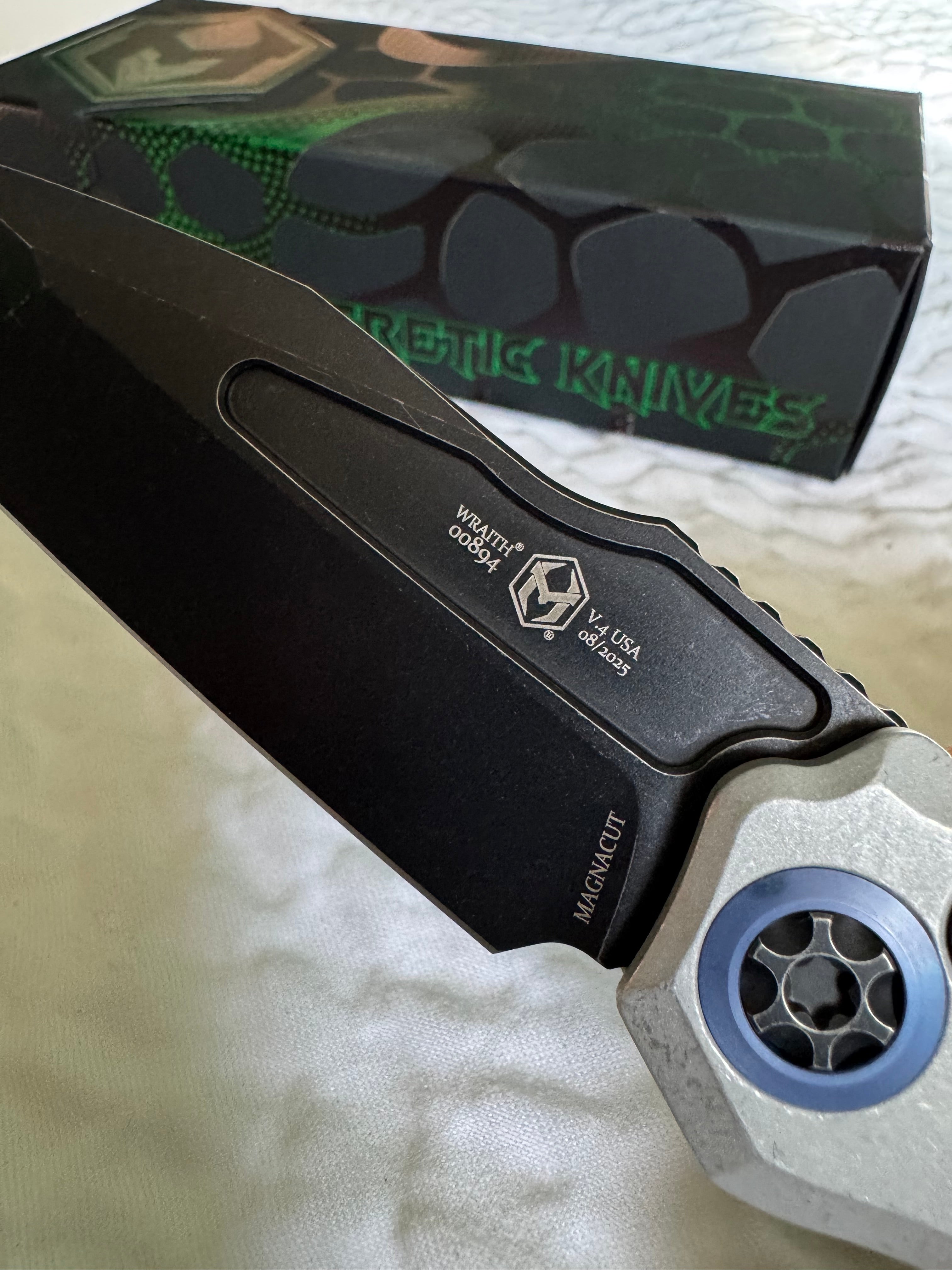 Heretic Knives Automatic Wraith V4 Battleworn Black Tanto Magnacut blade Blizzard Chassis w/ Blue Ti Collar