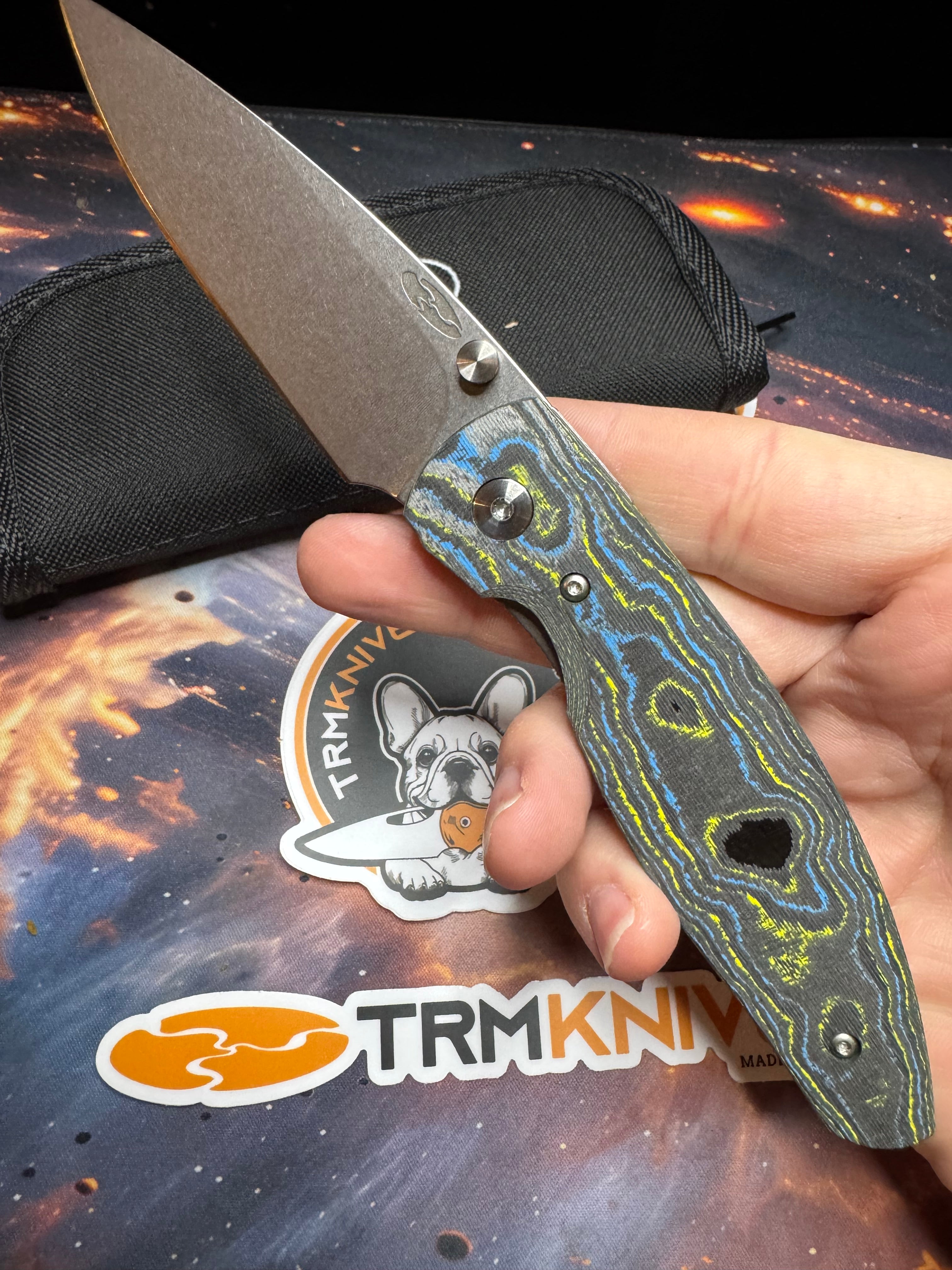 Three Rivers Manufacturing Atom Bolt Camo Carbon Fiber Scales 20CV Steel Flat Ground Blade with Liner Lock