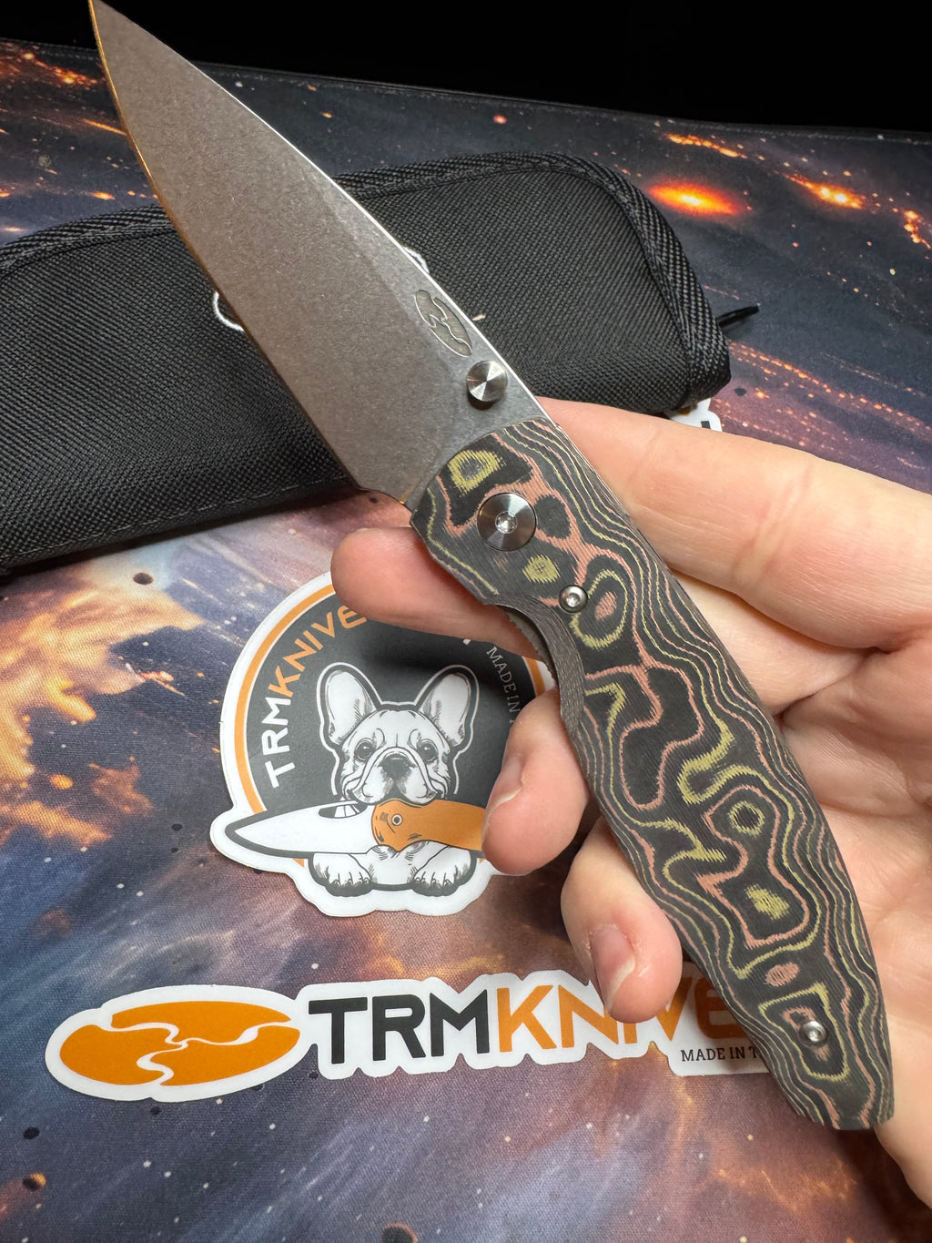 Three Rivers Manufacturing Atom Mokume Carbon Fiber Scales 20CV Steel Flat Ground Blade with Liner Lock
