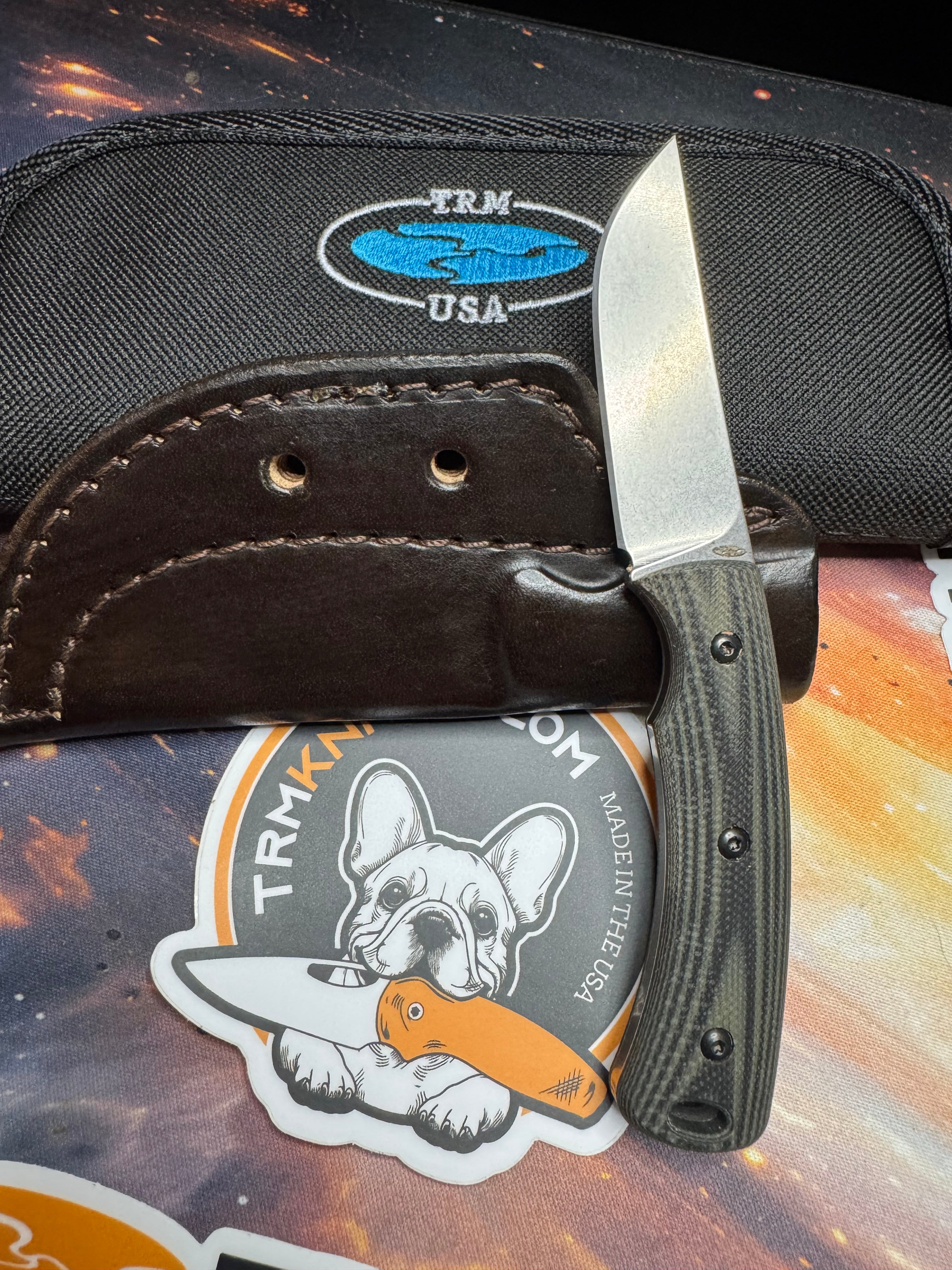 TRM-Three Rivers Manufacturing Tagalong Green and Black G10 Magnacut Steel EDC Fixed Blade Leather Sheath