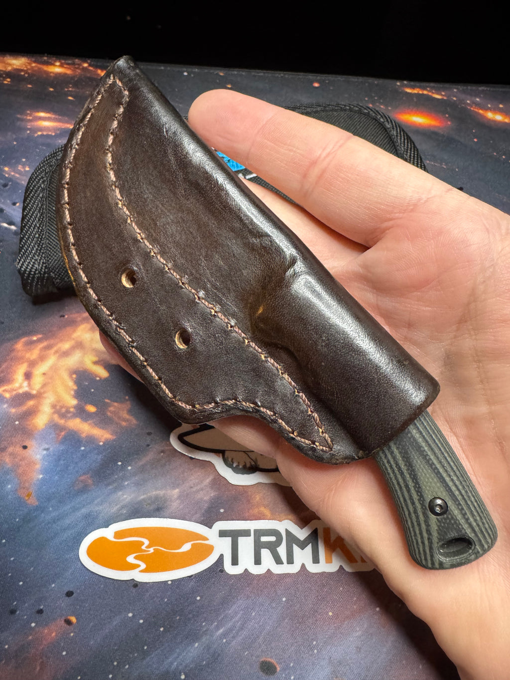 TRM-Three Rivers Manufacturing Tagalong Green and Black G10 Magnacut Steel EDC Fixed Blade Leather Sheath