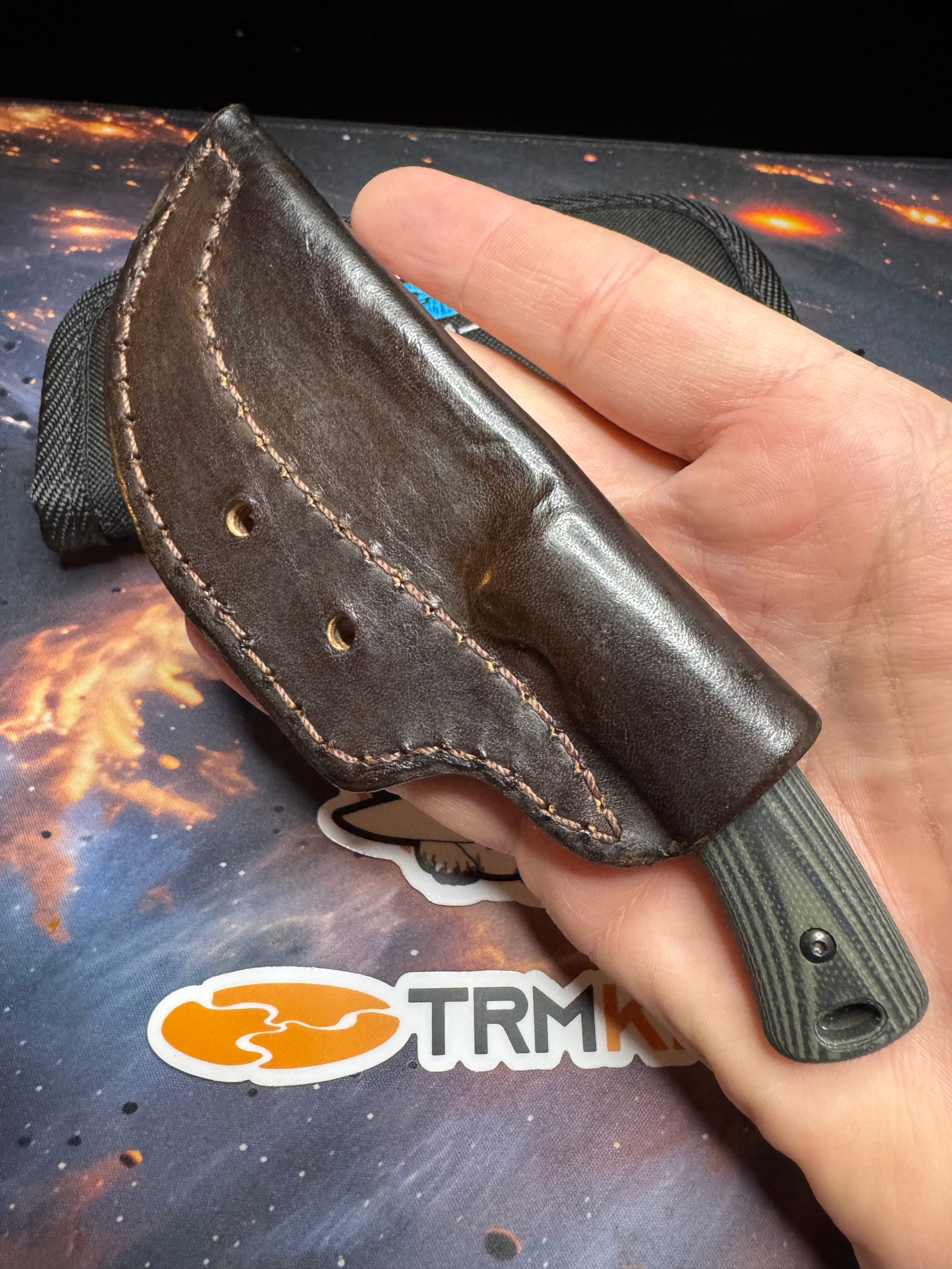 TRM-Three Rivers Manufacturing Tagalong Green and Black G10 Magnacut Steel EDC Fixed Blade Leather Sheath
