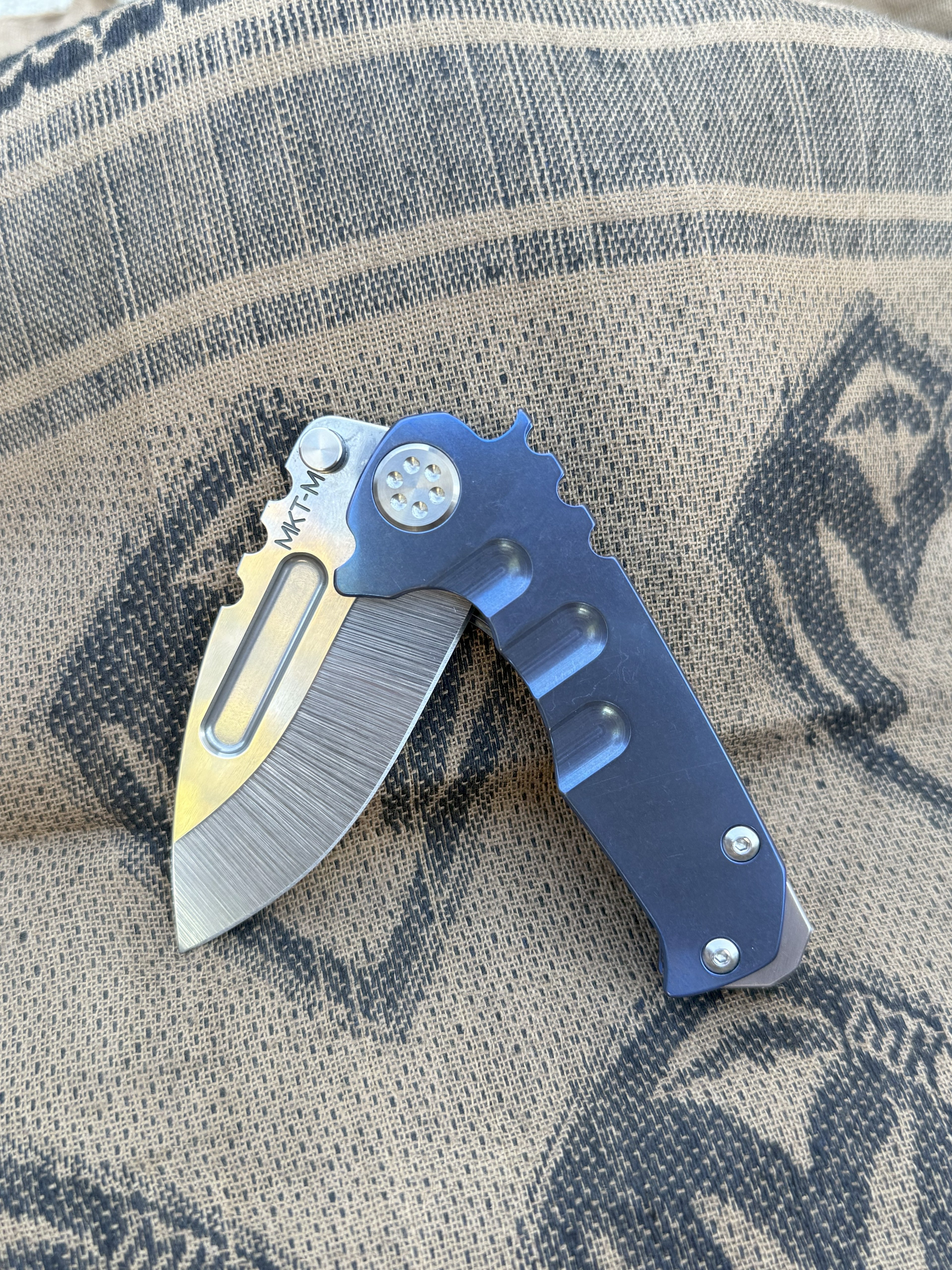 Medford Knife and Tool Micro Praetorian T - Tumbled Magnacut Drop Point Blue annodized handles