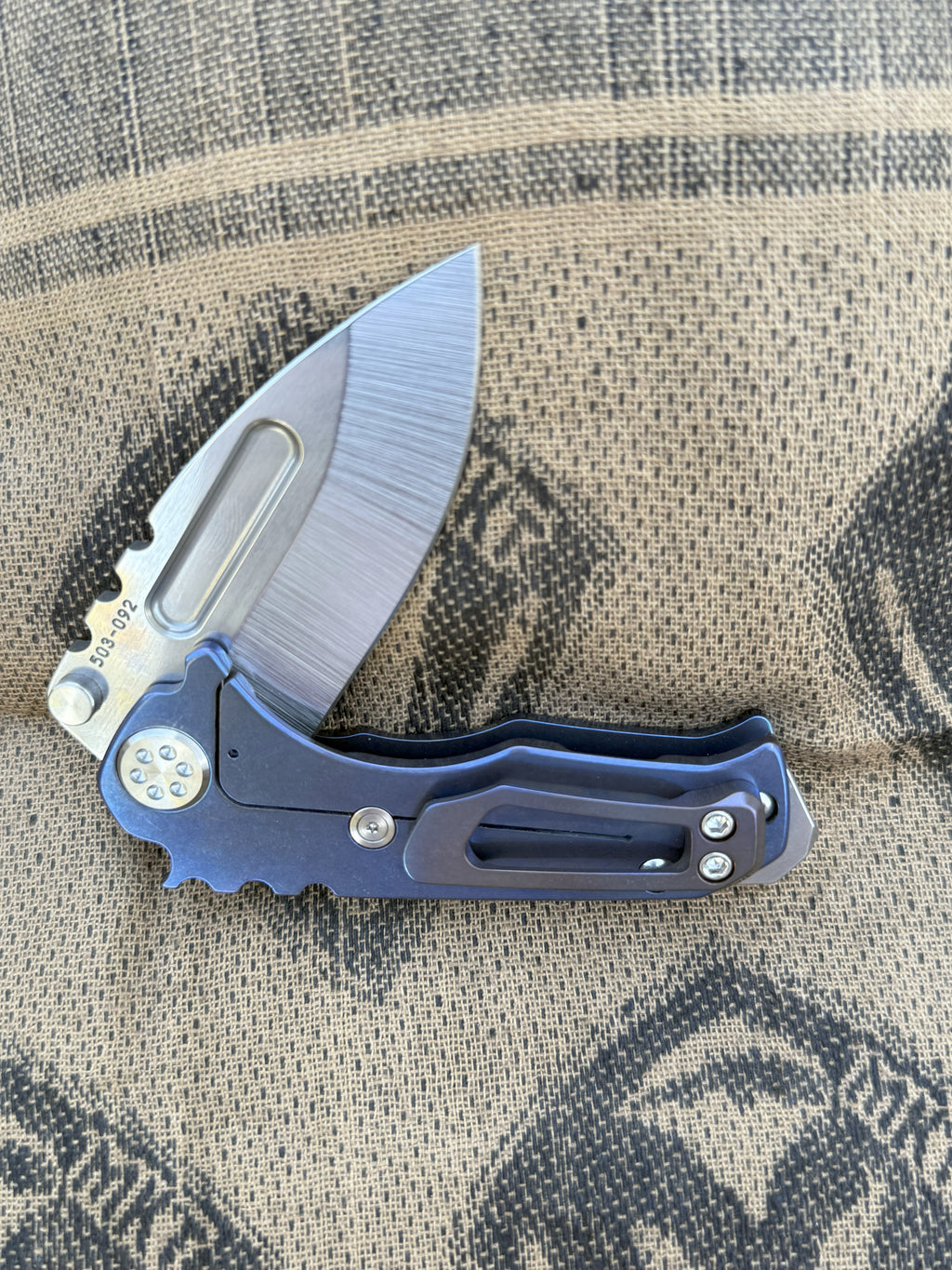 Medford Knife and Tool Micro Praetorian T - Tumbled Magnacut Drop Point Blue annodized handles
