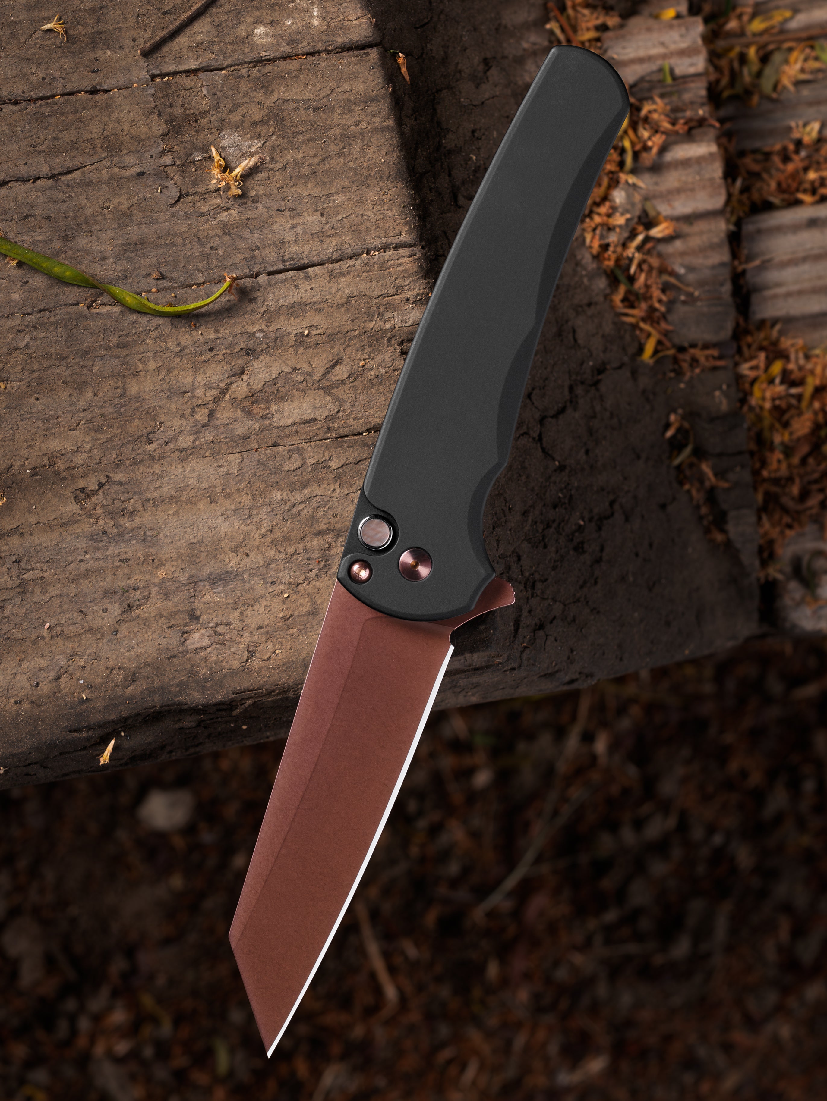 Pro-Tech Malibu Flipper Black Aluminum Handle Copper Rose PVD Magancut Reverse Tanto Blade Serialized out of 200