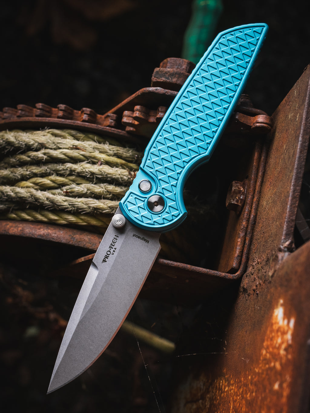 Pro-Tech TR3 Integrity Thumbstud Relic Texture Tiffany Blue Handle, Stonewashed Magnacut Blade, White Pearl Button Serialized out of 150