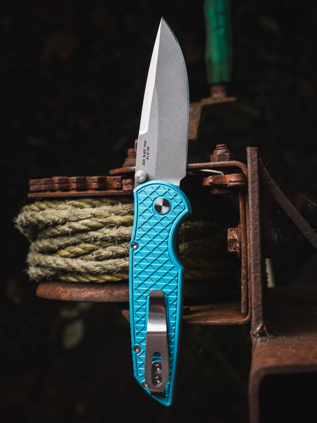 Pro-Tech TR3 Integrity Thumbstud Relic Texture Tiffany Blue Handle, Stonewashed Magnacut Blade, White Pearl Button Serialized out of 150