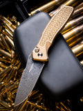 Pro-Tech and Spartan Blades Pallas Custom 004 Blade Show West Exclusive Weave Textured AlBronze Handle Chad Nichols Boomerang Damascus, Black Lip Pearl Button, Blue Titanium Pocket Clip