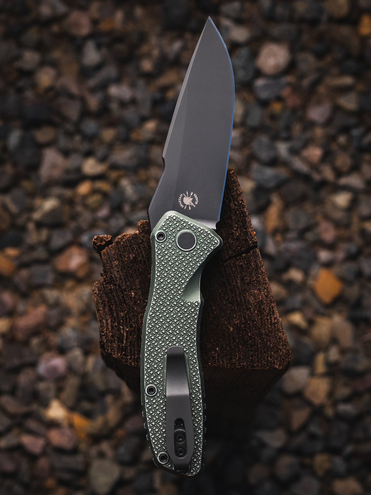 Spartan Blades and Pro-Tech Collaboration Pallas Carbide Texture Green Battleworn Aluminum handle DLC Magnacut Blade with Mosaic Button. Serialized out of 60