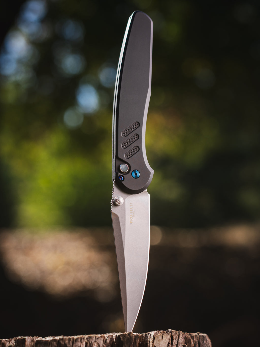 Pro-Tech Avalon Prototype – Peace Neighbor Design, Black Aluminum Handle, Blue Hardware, A-421 Steel
