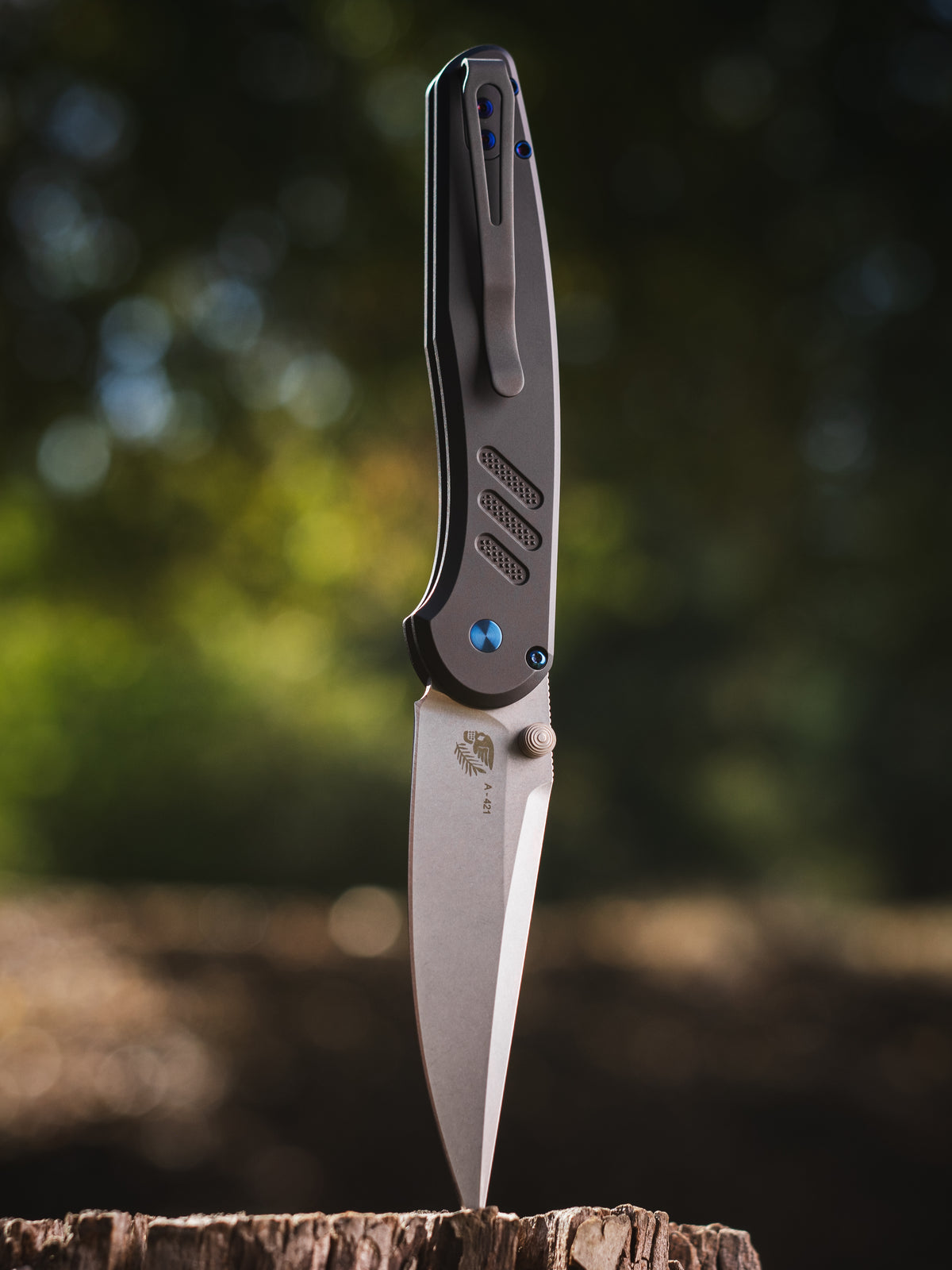 Pro-Tech Avalon Prototype – Peace Neighbor Design, Black Aluminum Handle, Blue Hardware, A-421 Steel