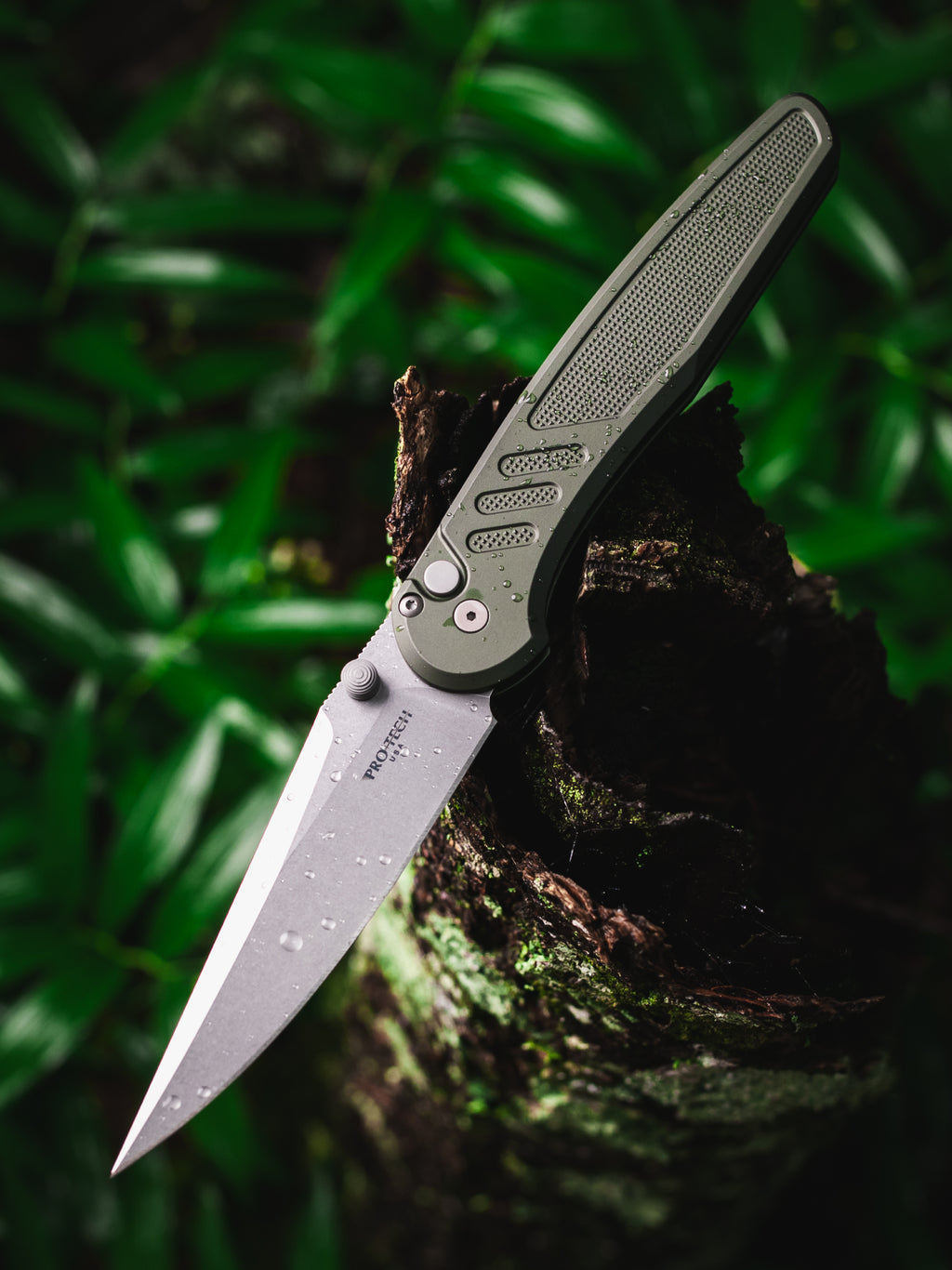 Peace Neighbor Designed Pro-Tech Avalon- knurled green aluminum handle, stonewash Magnacut blade, blasted thumb studs and hardware, blasted long deep carry clip.