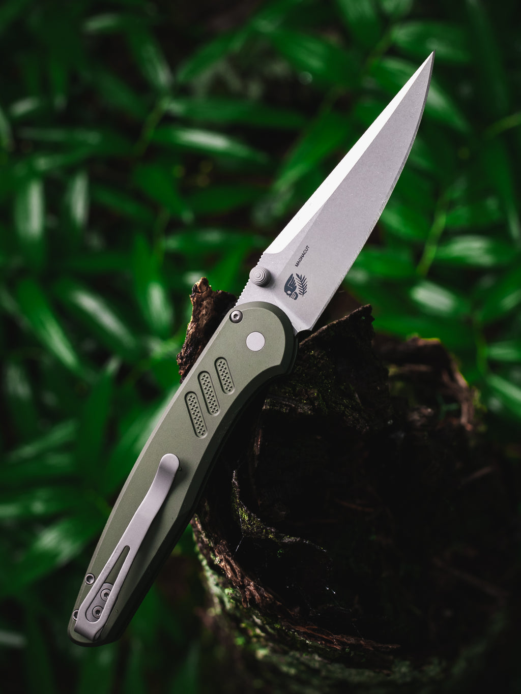 Peace Neighbor Designed Pro-Tech Avalon- knurled green aluminum handle, stonewash Magnacut blade, blasted thumb studs and hardware, blasted long deep carry clip.
