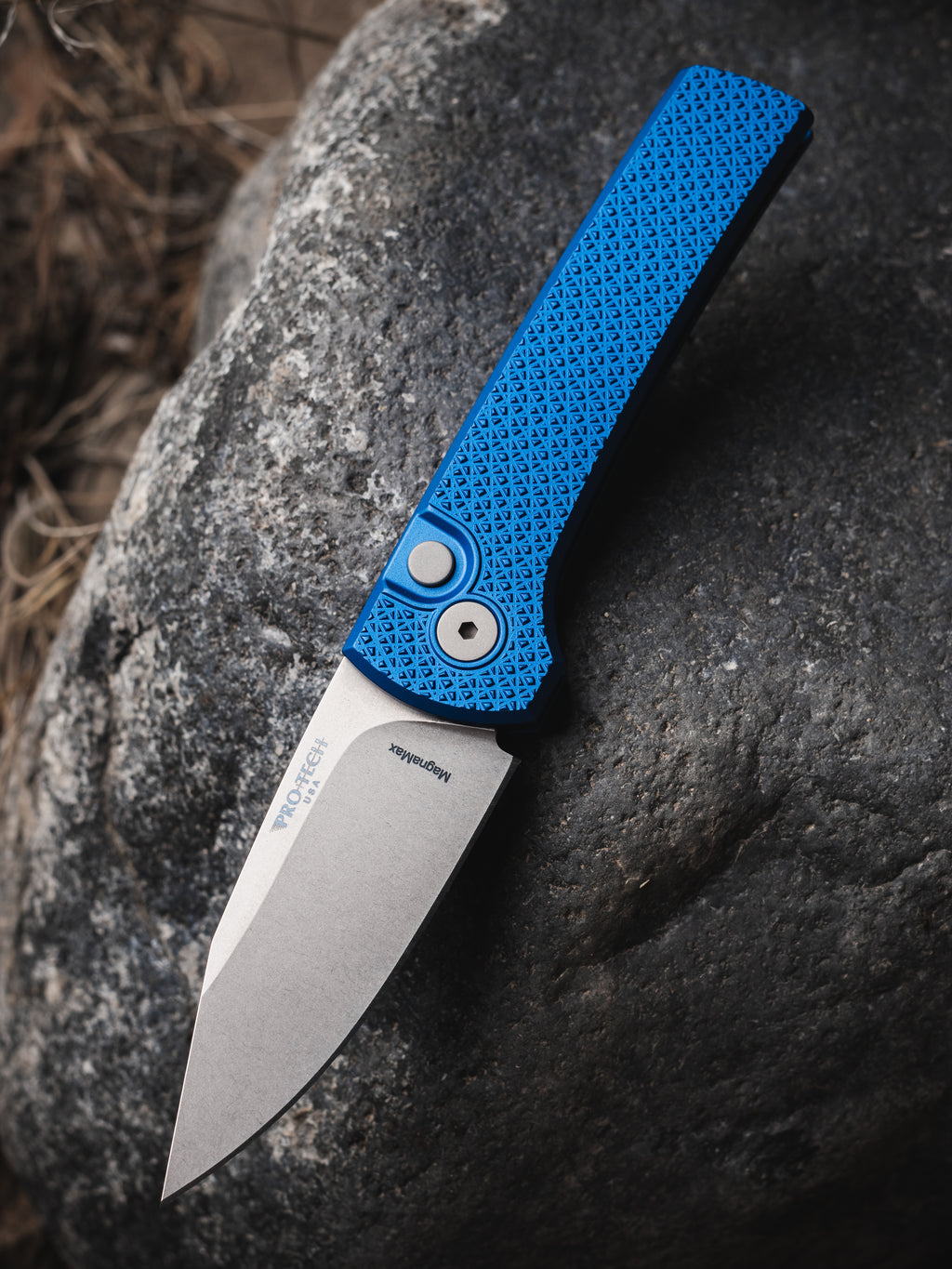 Ramon Chavez Designed Pro-Tech Scapegoat Compact Auto - carbide textured blue aluminum handle, stonewash MagnaMax blade, blasted hardware, blasted deep carry clip.