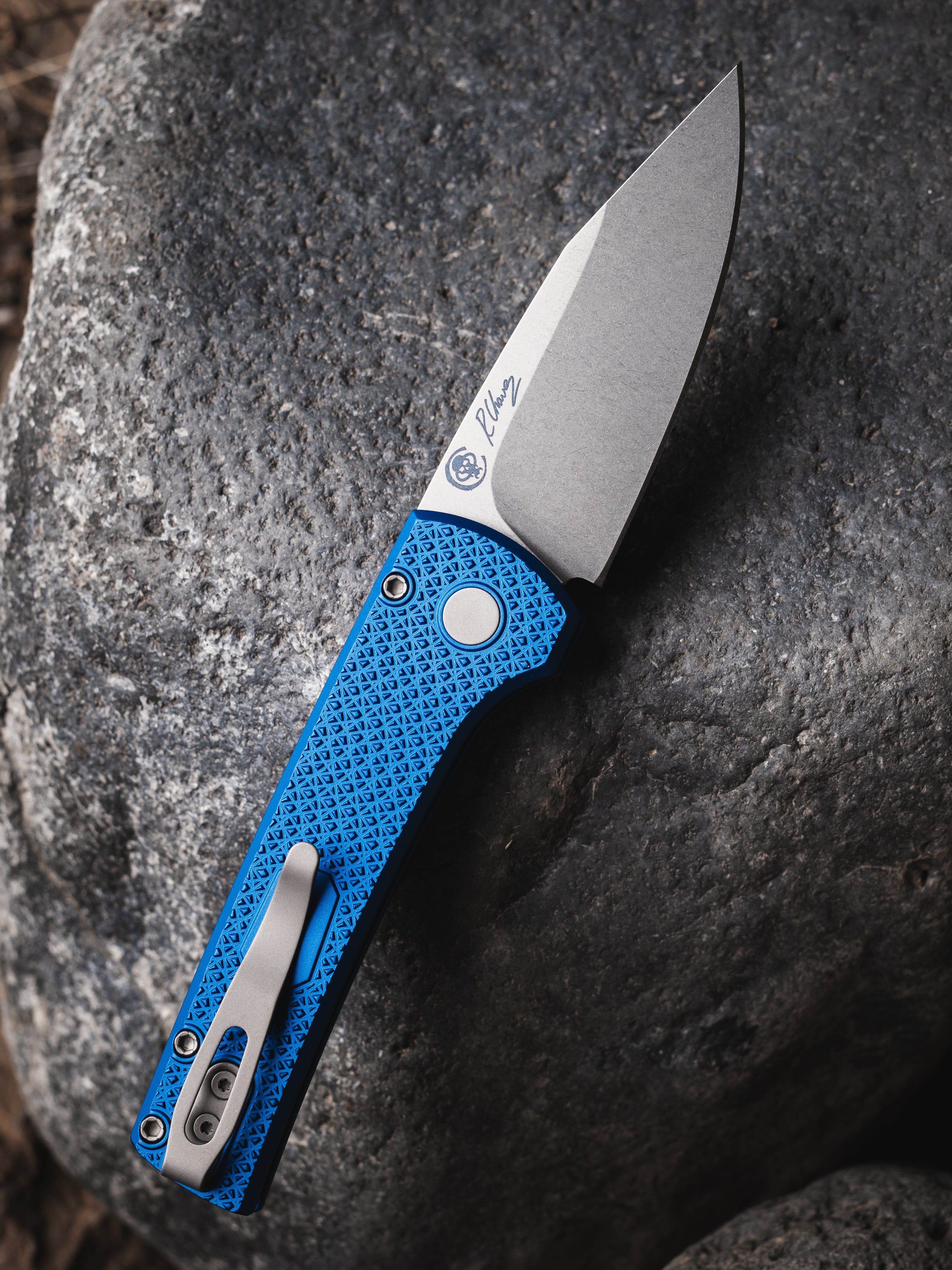 Ramon Chavez Designed Pro-Tech Scapegoat Compact Auto - carbide textured blue aluminum handle, stonewash MagnaMax blade, blasted hardware, blasted deep carry clip.