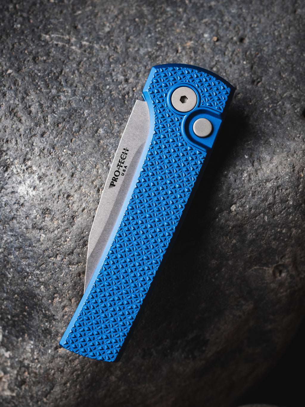 Ramon Chavez Designed Pro-Tech Scapegoat Compact Auto - carbide textured blue aluminum handle, stonewash MagnaMax blade, blasted hardware, blasted deep carry clip.