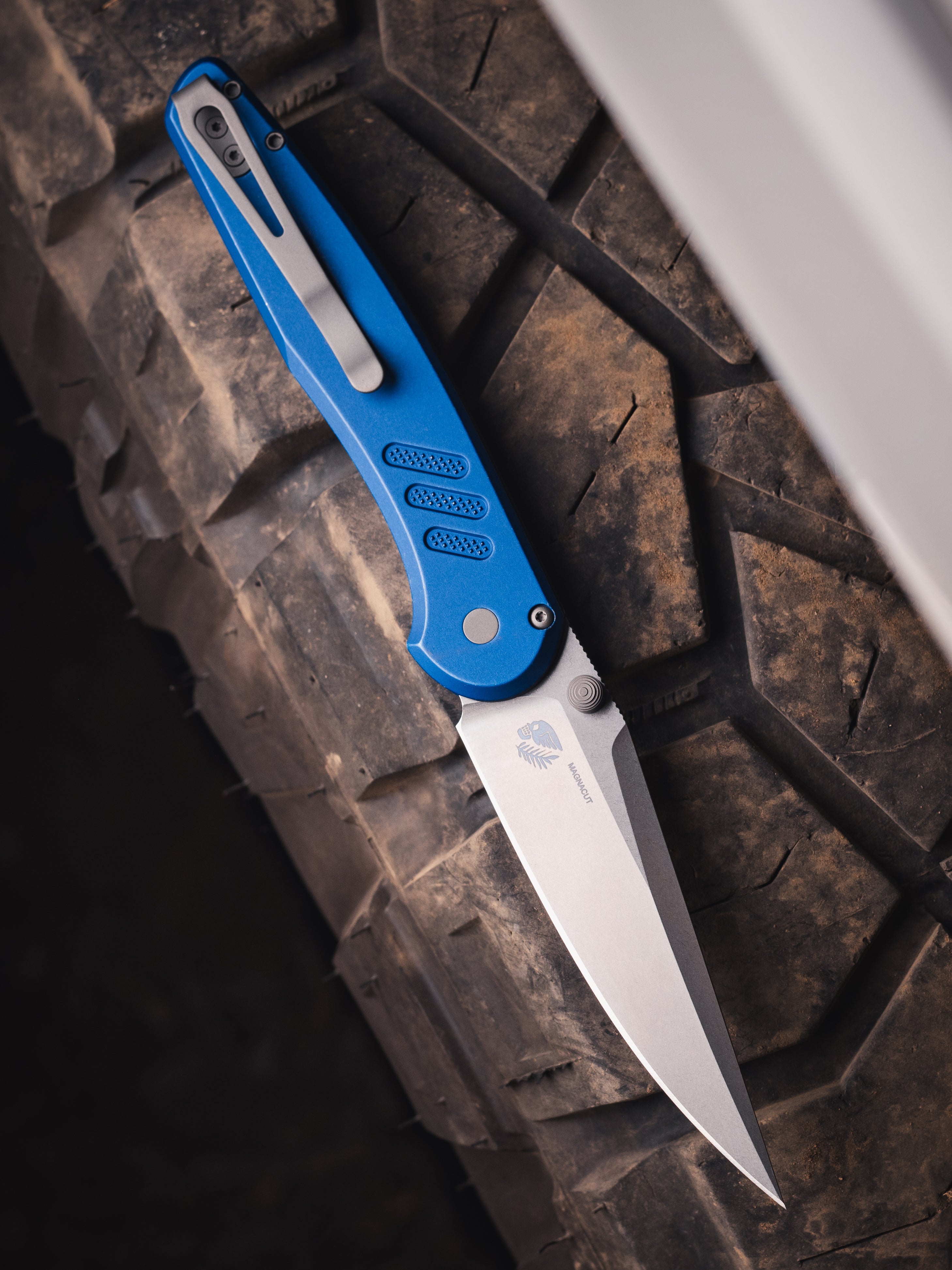 Peace Neighbor Designed Pro-Tech Avalon - Battleworn knurled blue aluminum handle, stonewash Magnacut blade, blasted thumb studs and hardware, blasted long deep carry clip