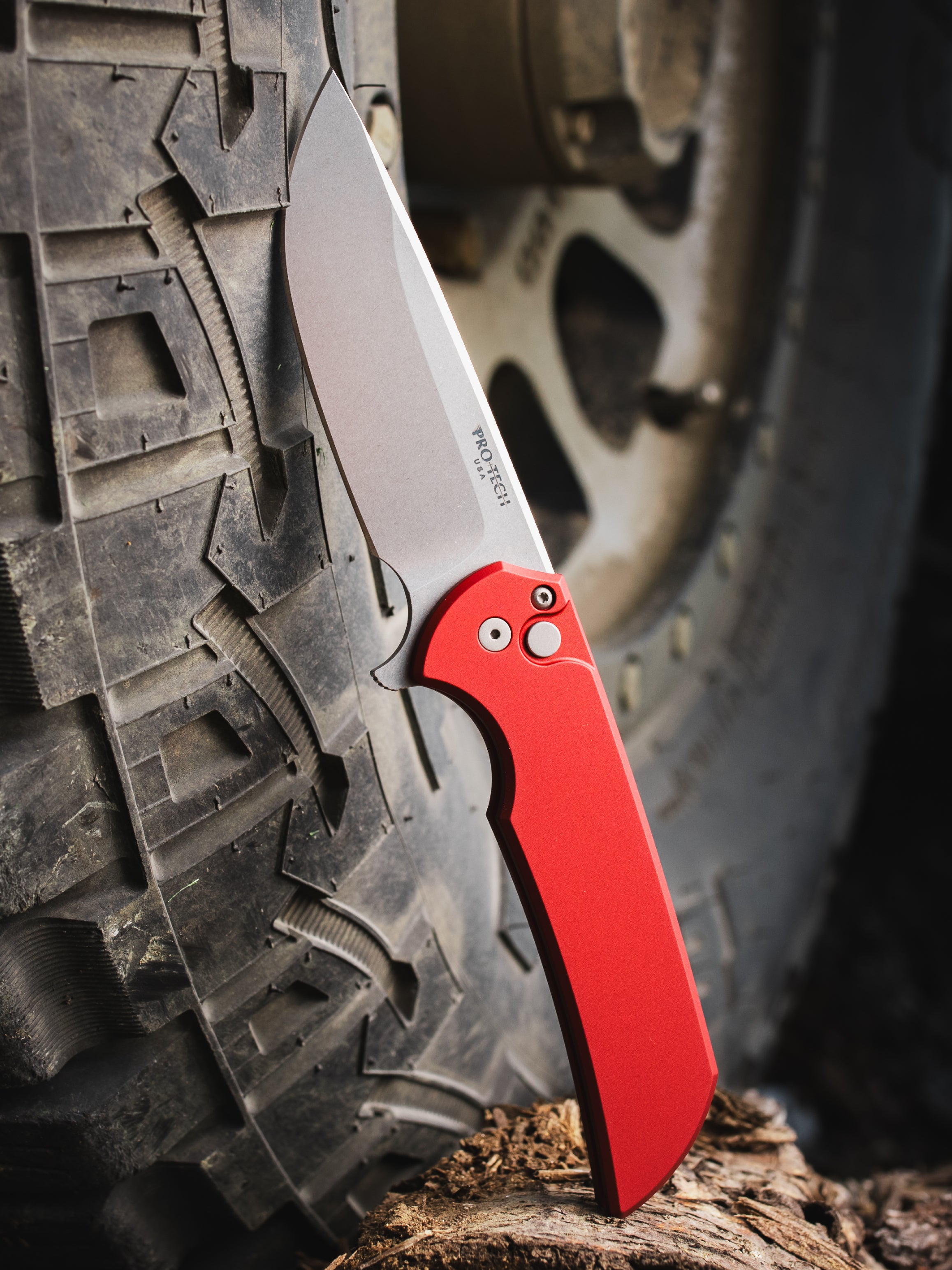 Pro-Tech Mordax Red Handle Stonewashed CPM-20CV Blade Flipper Button Lock