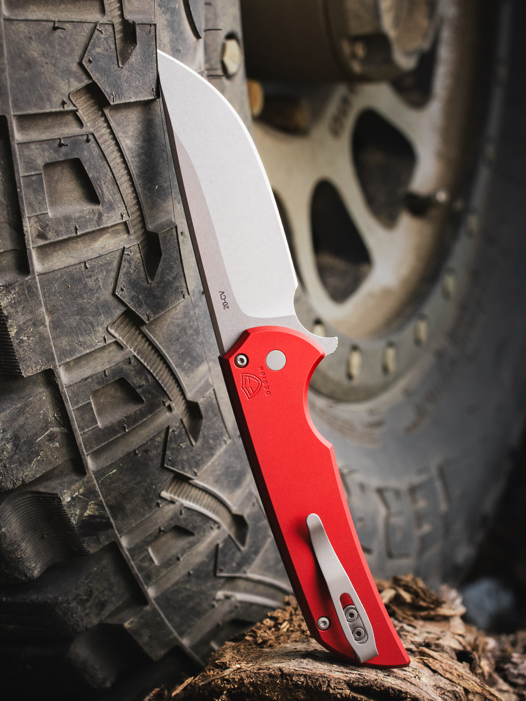 Pro-Tech Mordax Red Handle Stonewashed CPM-20CV Blade Flipper Button Lock