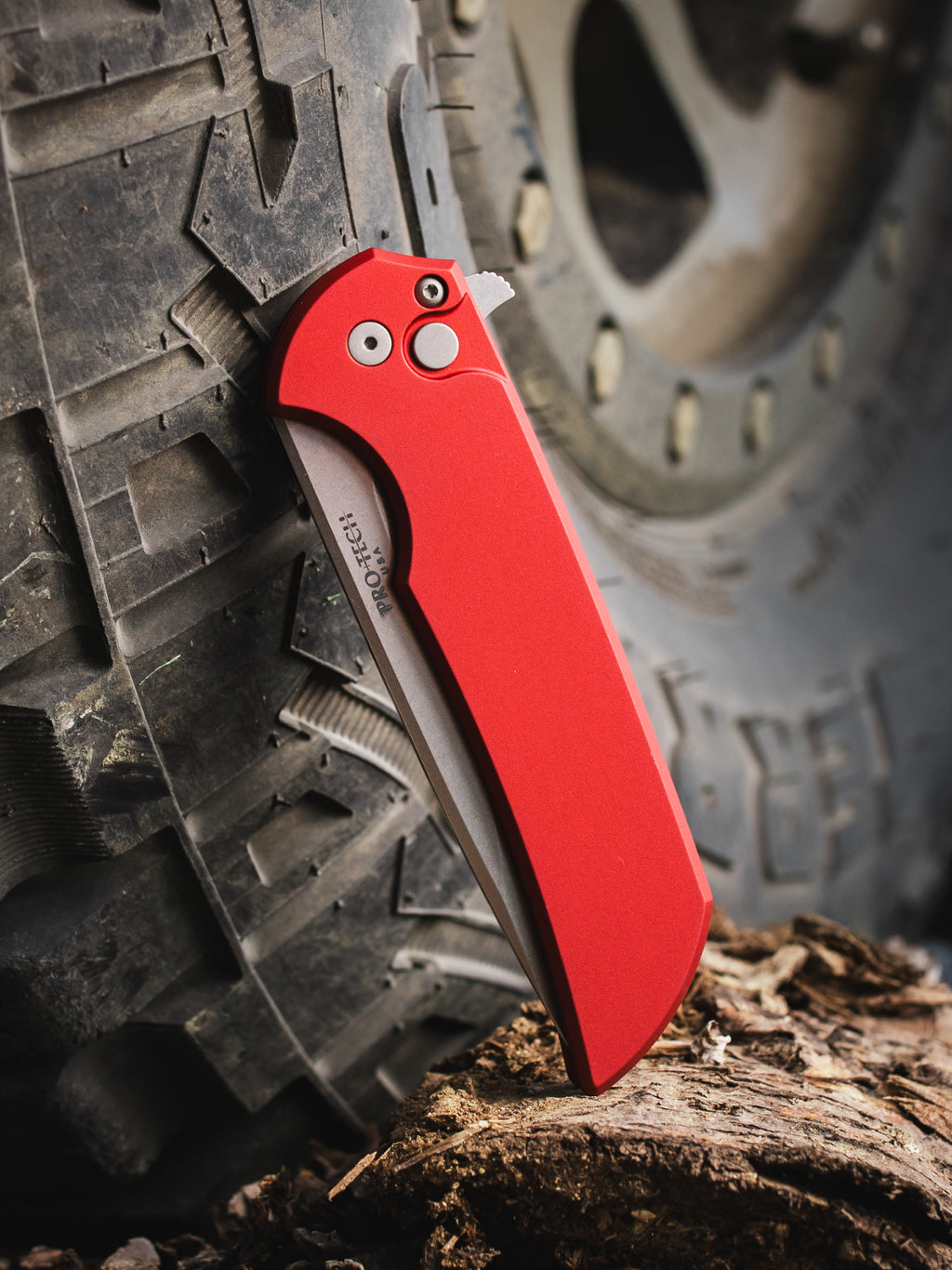 Pro-Tech Mordax Red Handle Stonewashed CPM-20CV Blade Flipper Button Lock