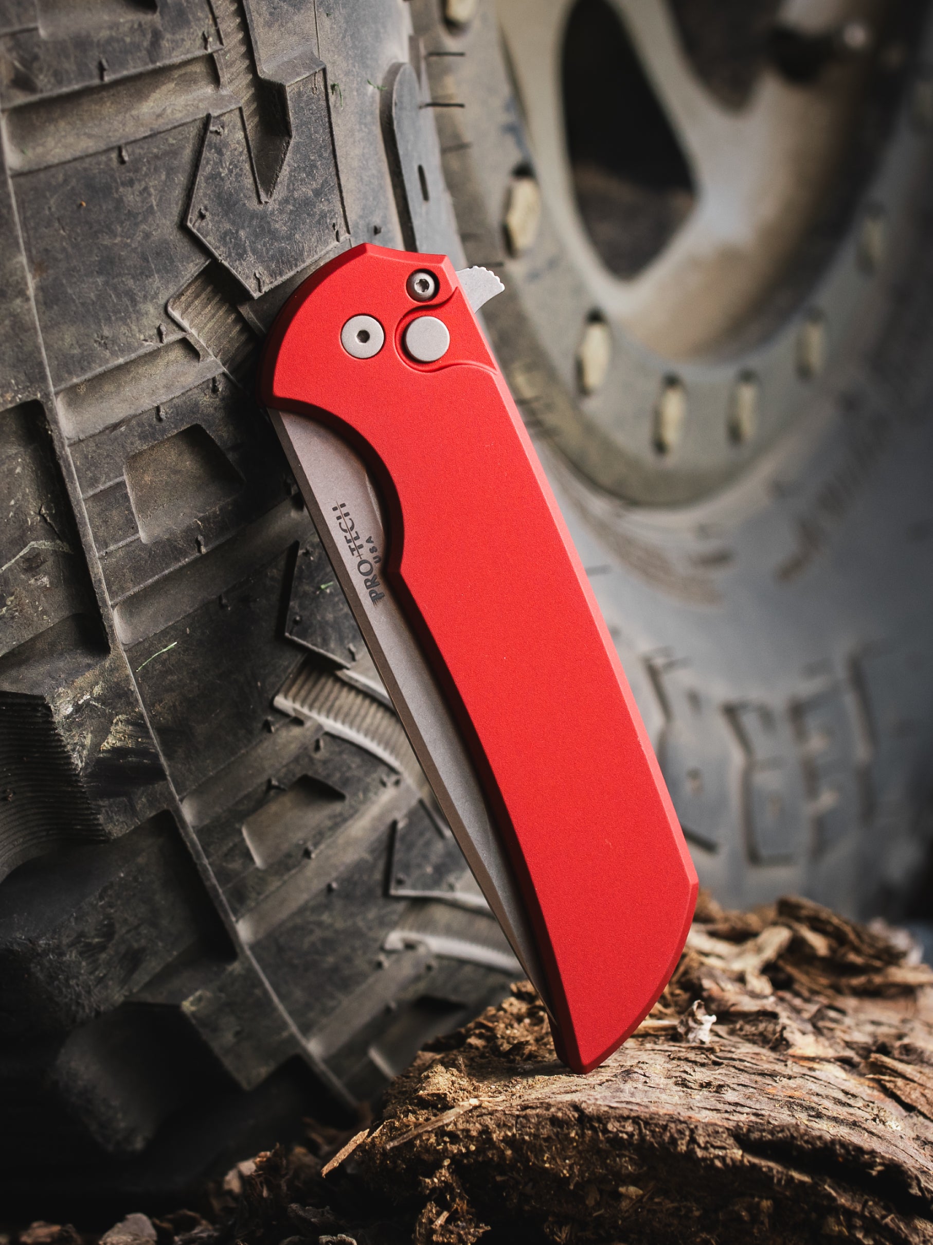 Pro-Tech Mordax Red Handle Stonewashed CPM-20CV Blade Flipper Button Lock