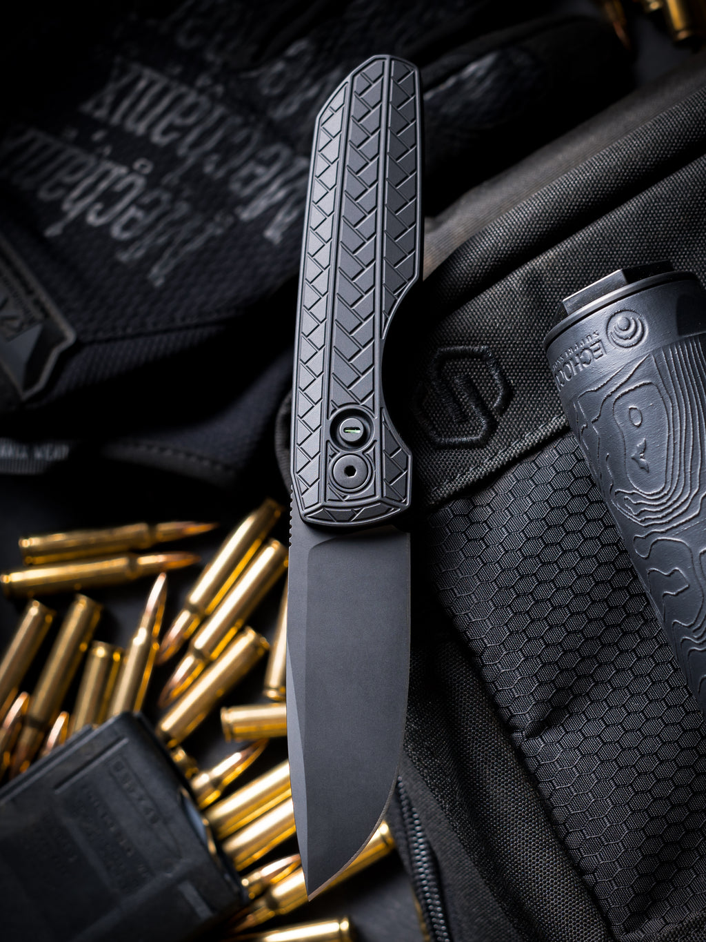 Blade Show West Exclusive Pro-Tech and Vero Synapse 2 Operator Edition w/ Herringbone Aluminum Handles, Black DLC Magnamax Blade, Tritium Insert on Button