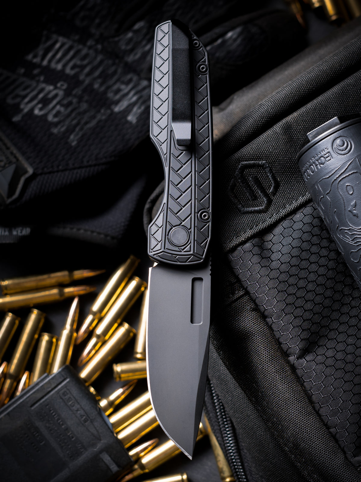Blade Show West Exclusive Pro-Tech and Vero Synapse 2 Operator Edition w/ Herringbone Aluminum Handles, Black DLC Magnamax Blade, Tritium Insert on Button