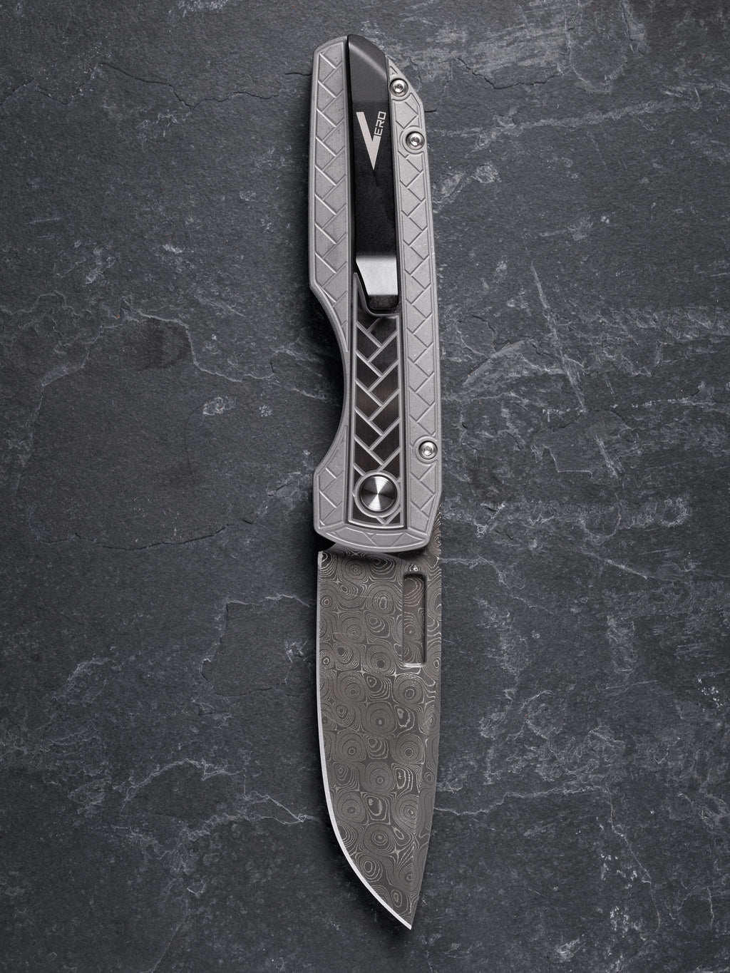 Pro-Tech Vero Synapse Custom Two-Toned Heat Treated Steel Herringbone Handle Nichols Raindrop Damascus Blade