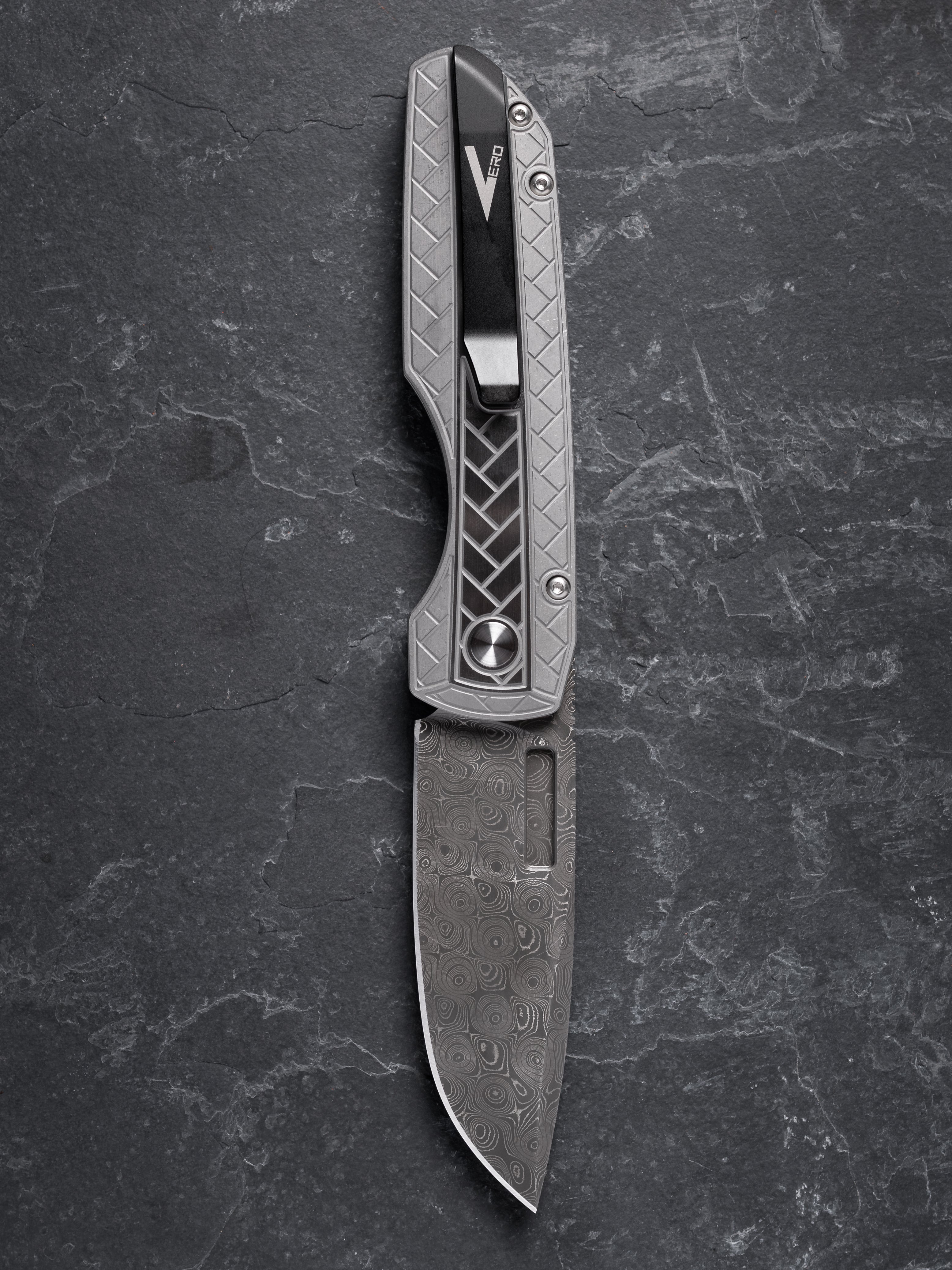 Pro-Tech Vero Synapse Custom Two-Toned Heat Treated Steel Herringbone Handle Nichols Raindrop Damascus Blade