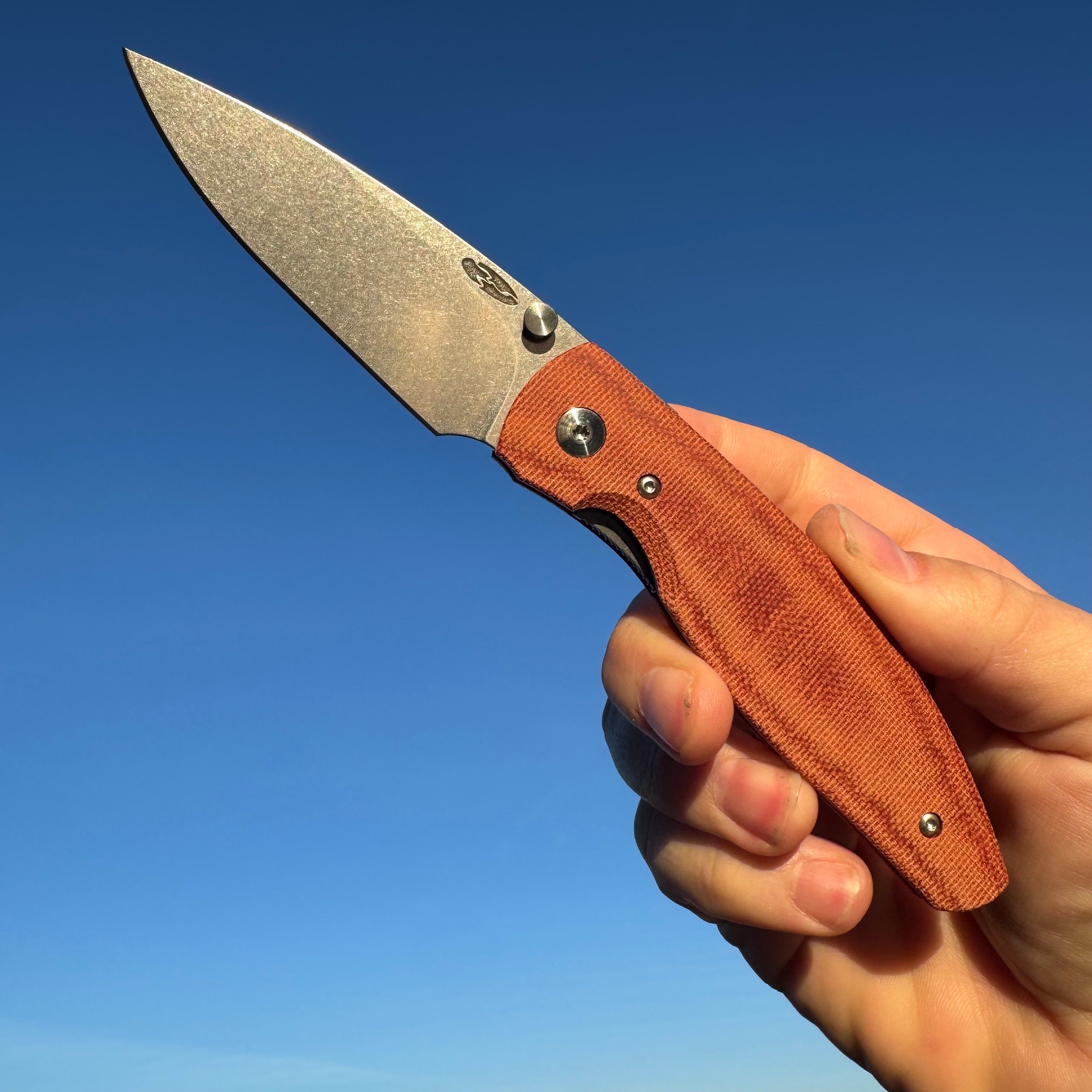 Three Rivers Manufacturing Atom Autumn Orange Micarta Scales Magnacut Steel Flat Ground Blade with Liner Lock
