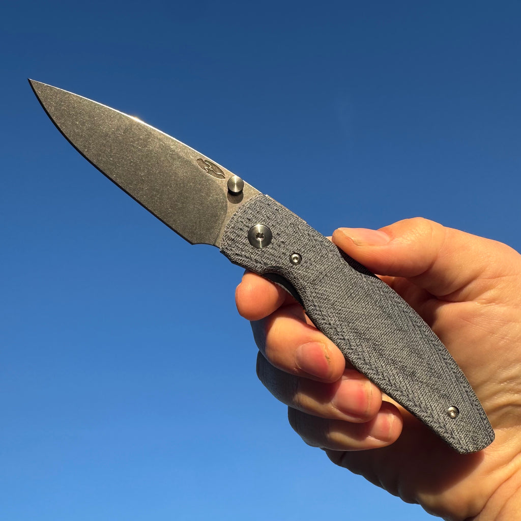 Three Rivers Manufacturing Atom Blue Denim Micarta Scales Magnacut Steel Flat Ground Blade with Liner Lock